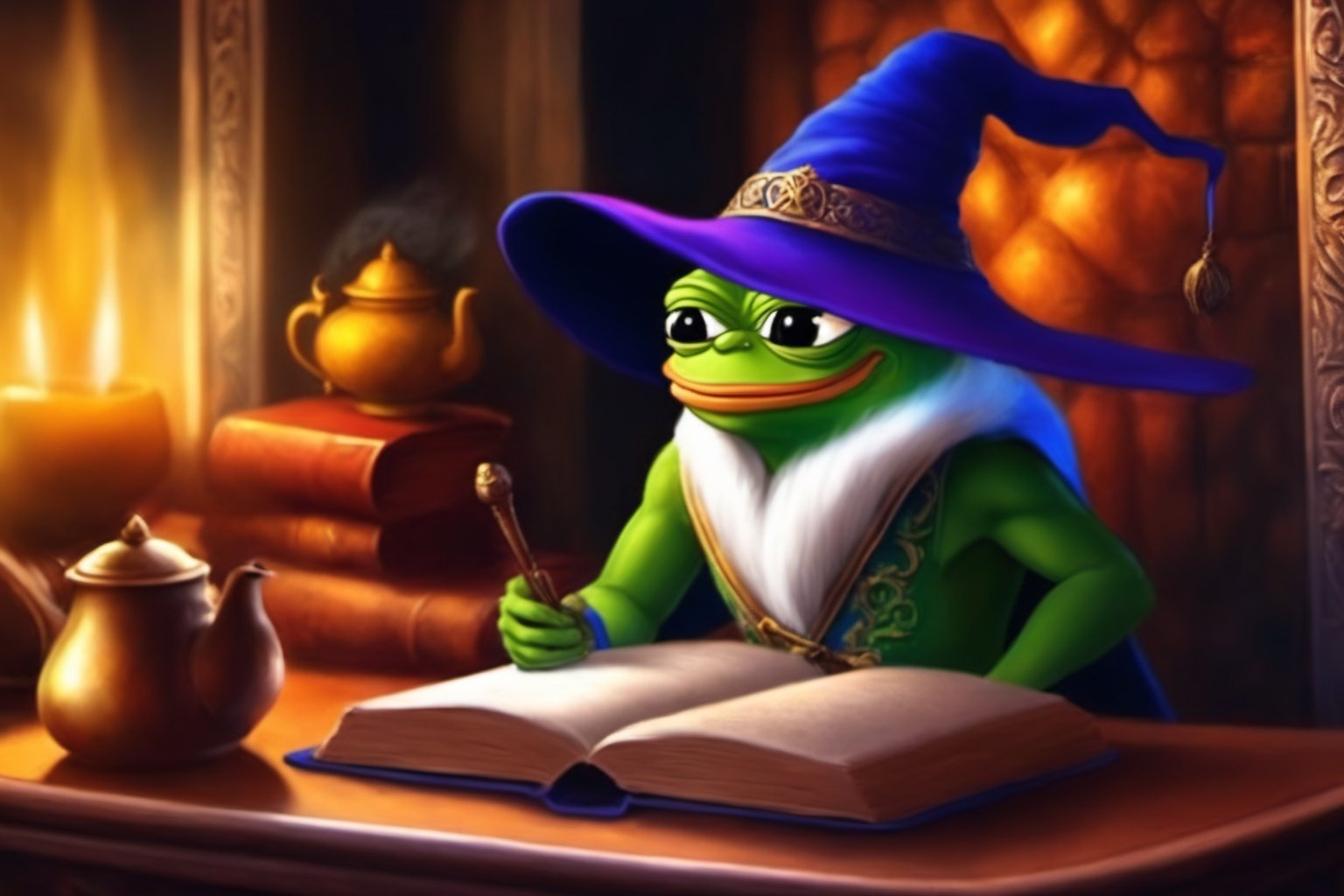 Pepe the frog(wearing wizard outfit, wizard hat, wise old, long white beard, feels good, smiling, reading a book), full body, sitting on a expensive chair, tea pot and tea cup on the table, background(magical living room, books, scrolls, magic ball), fantasy, Oil painting, heavy brush strokes, (Shot from distance)(masterpiece, highres, high quality:1.2), ambient occlusion, low saturation, High detailed, Detailedface, Dreamscape, (Dungeon and Dragons fantasy setting)