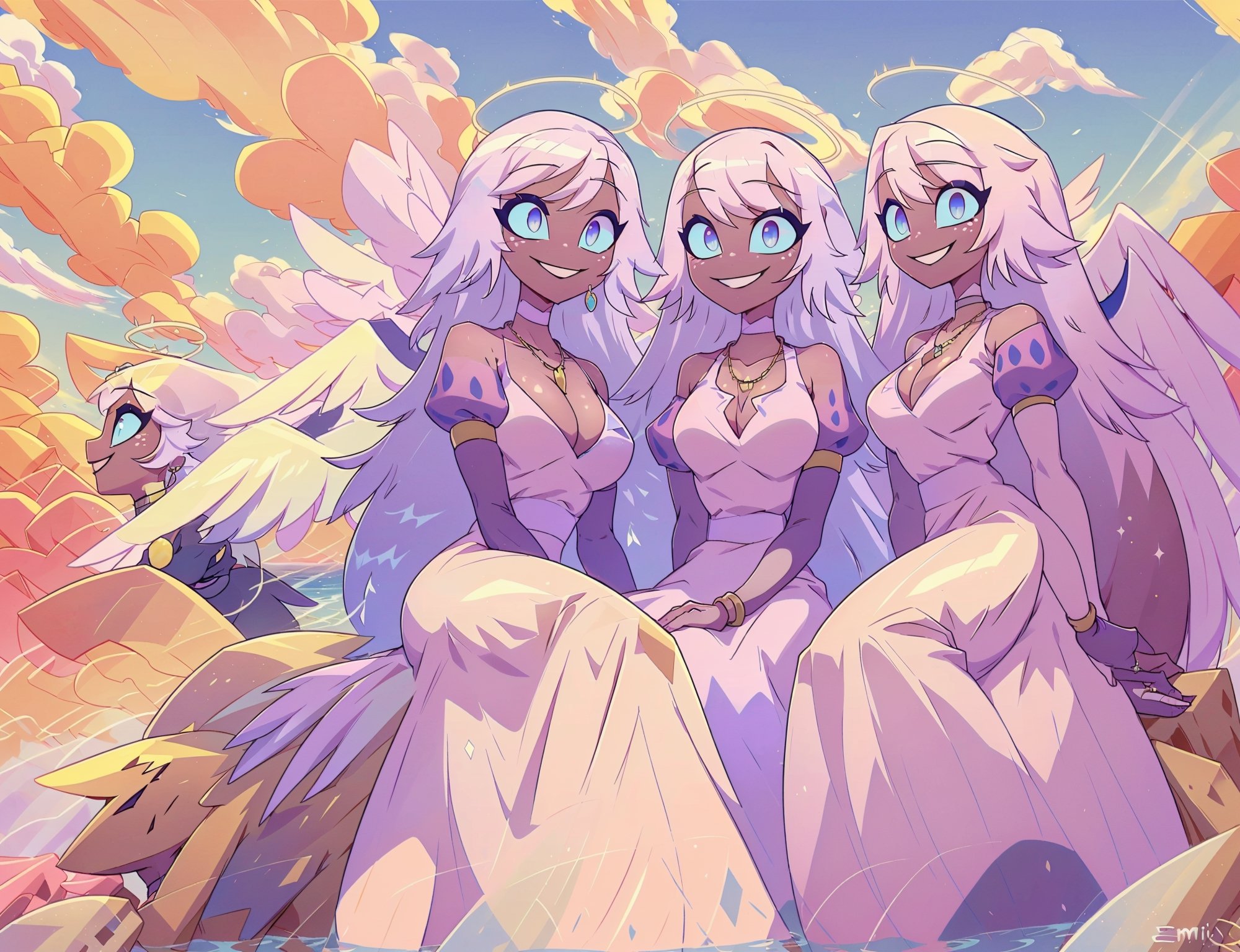 group of girls (emily, slim body, long white hair, blue eyes, eyelashes, jewelry, earrings, necklace, armlet, bracelet, ring, wearing dress, angel wings, large cleavage, headdress, bare shoulders, hoop earrings, bridal gauntlets, feminine, beautiful, cute, gentle smile), looking at viewer seductively, sitting, background(mosques,flower, outdoors, day, sky, tree, plant, birds, cloud, ocean, water, scenery), (masterpiece, highres, high quality:1.2), low saturation,High detailed,perfect,midjourney,pastelbg,pastel colors,multiple girls