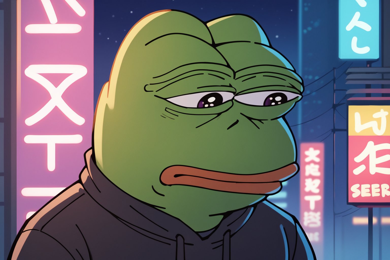 score_9, score_8, score_7, score_7_up, score_8_up, pepe the frog wearing black hoodie, sad, upper body, night, cyberpunk city, exterior, neon light, purple neon lights, C7b3rp0nkStyle