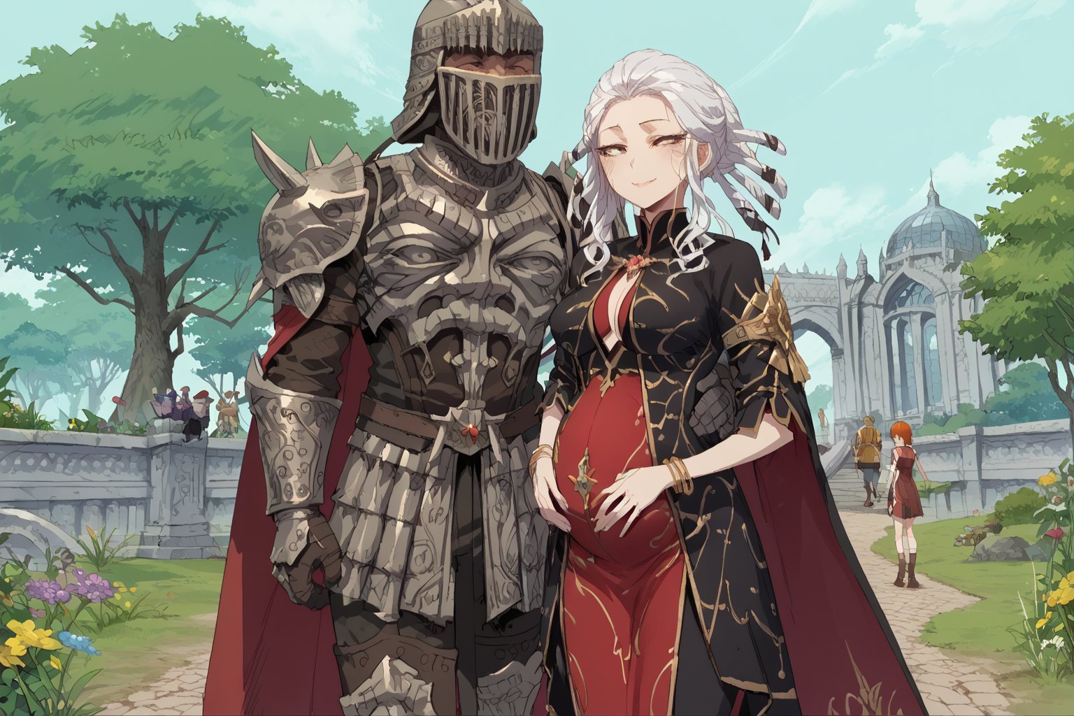 score_9, score_8, score_7, score_7_up, score_8_up, 1boy\(human, giant male, tall male, wearing full madness Armor and helmet, armored\) walking hand in hand witg 1girl\(Salem_RWBY, pregnant belly, big breasts, slim body, wearing dress, jewellery, gold, hugging, pouty lips, seductive, smug smile, blushing\), forest, castle, mushrooms, outdoor, romance, fantasy, 2d, anime, hetero,score_anime,anime screencap