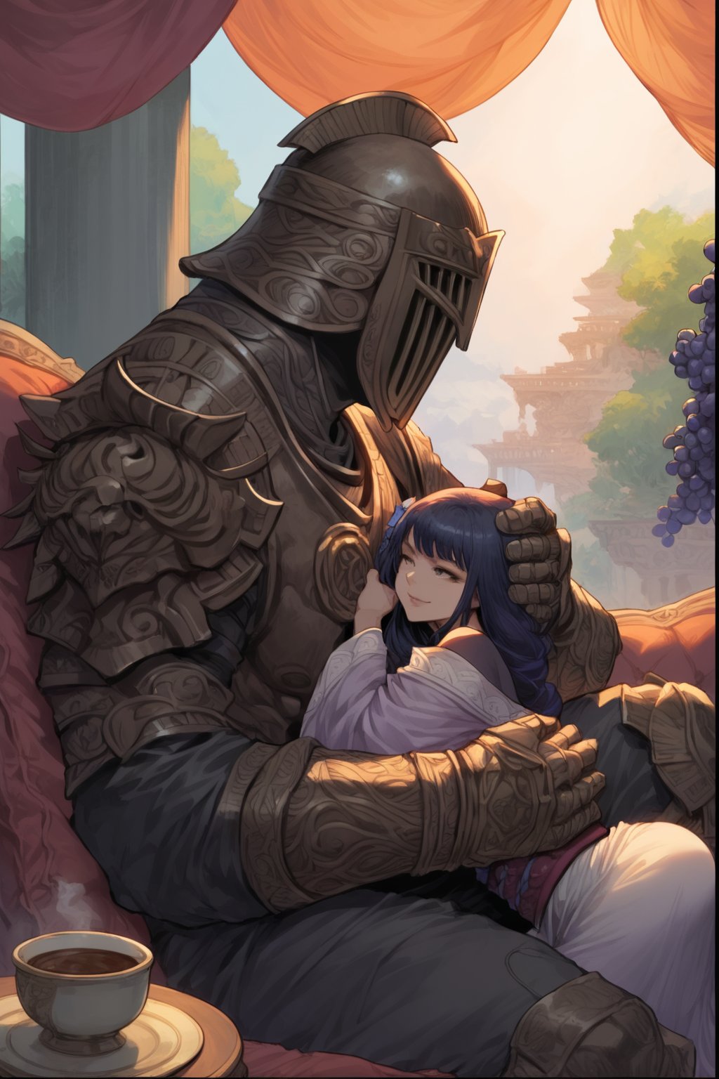 score_9, score_8, score_7, score_8_up, 1boy\(human, giant male, tall male, wearing full madness Armor and helmet, (no-face), armored, from side\) laying and holding womn\(Raiden Shogun, smile on their face, pouty lips, seductive, wearing dress, jewellery, gold\), hugging and resting, sitting on his lap, both staring at him, Arabian garden, pillows, coffee and grapes, score_7_up, csr style, anime, (comic style, comic page, detailed comic with panels),Comics style pony