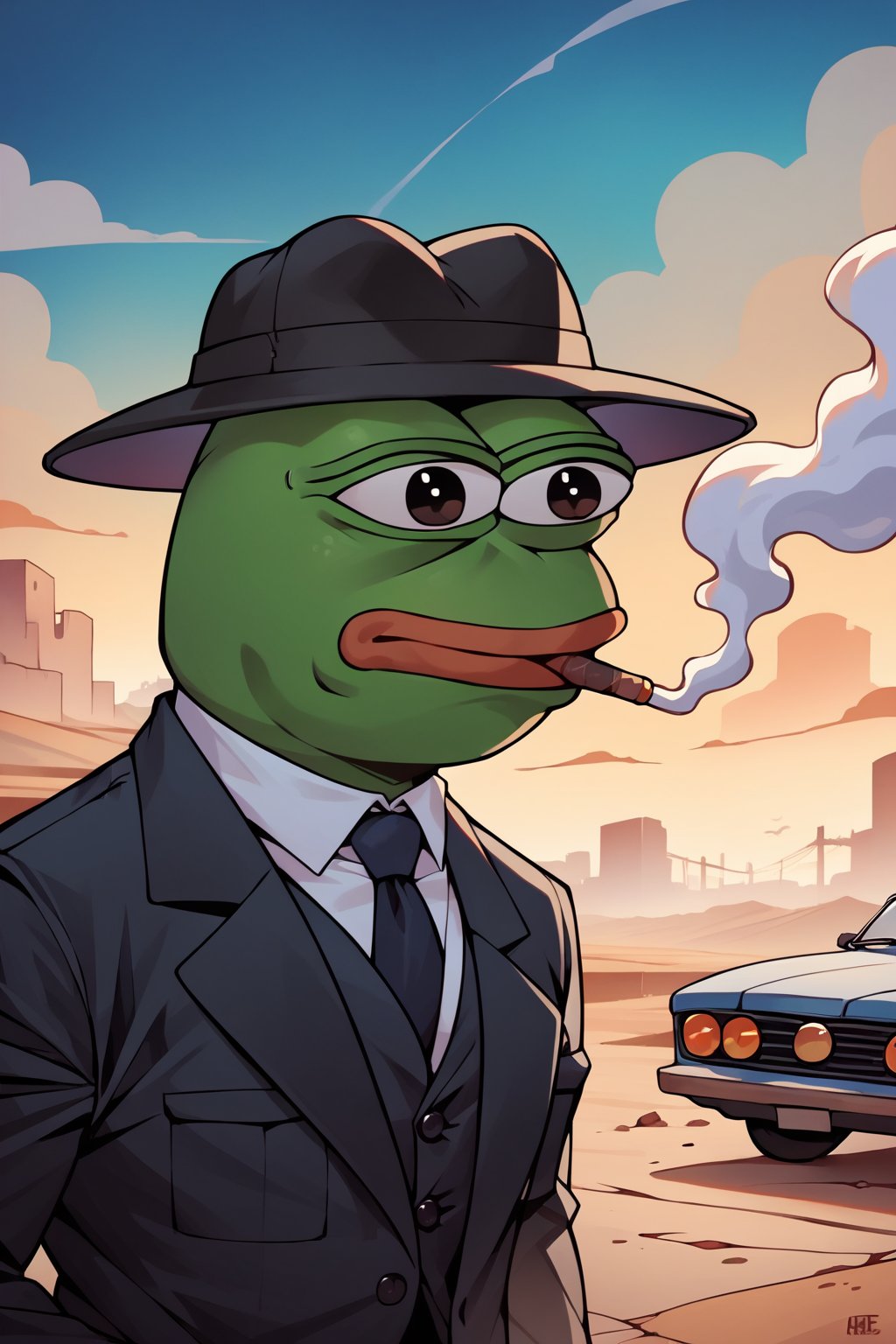 score_9, score_8, score_7, score_7_up, score_8_up, pepe the frog wearing black business suit, cowbot hat, smoking a cigar, upper body, mojave desert, classic car in background, apocalyptic, exterior, night,0ut3rsp4c3
