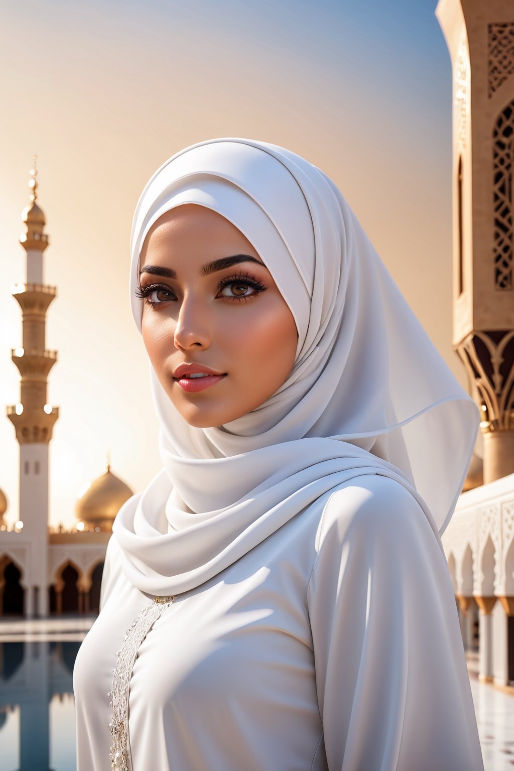 Woman(slim body, young, red eyes, arab, morrocan, eyelashes, hijab, Wearing a white headscarf and veill,Gorgeous abaya,arabian pants Arabian, feminine, beautiful), (full body), Staring at you while reporting news at news stage, background(outdoor, day, sun, ocean, mosques, birds), (Shot from distance),(masterpiece, highres, high quality:1.2), ambient occlusion, low saturation, High detailed, Detailedface, Dreamscape,perfect