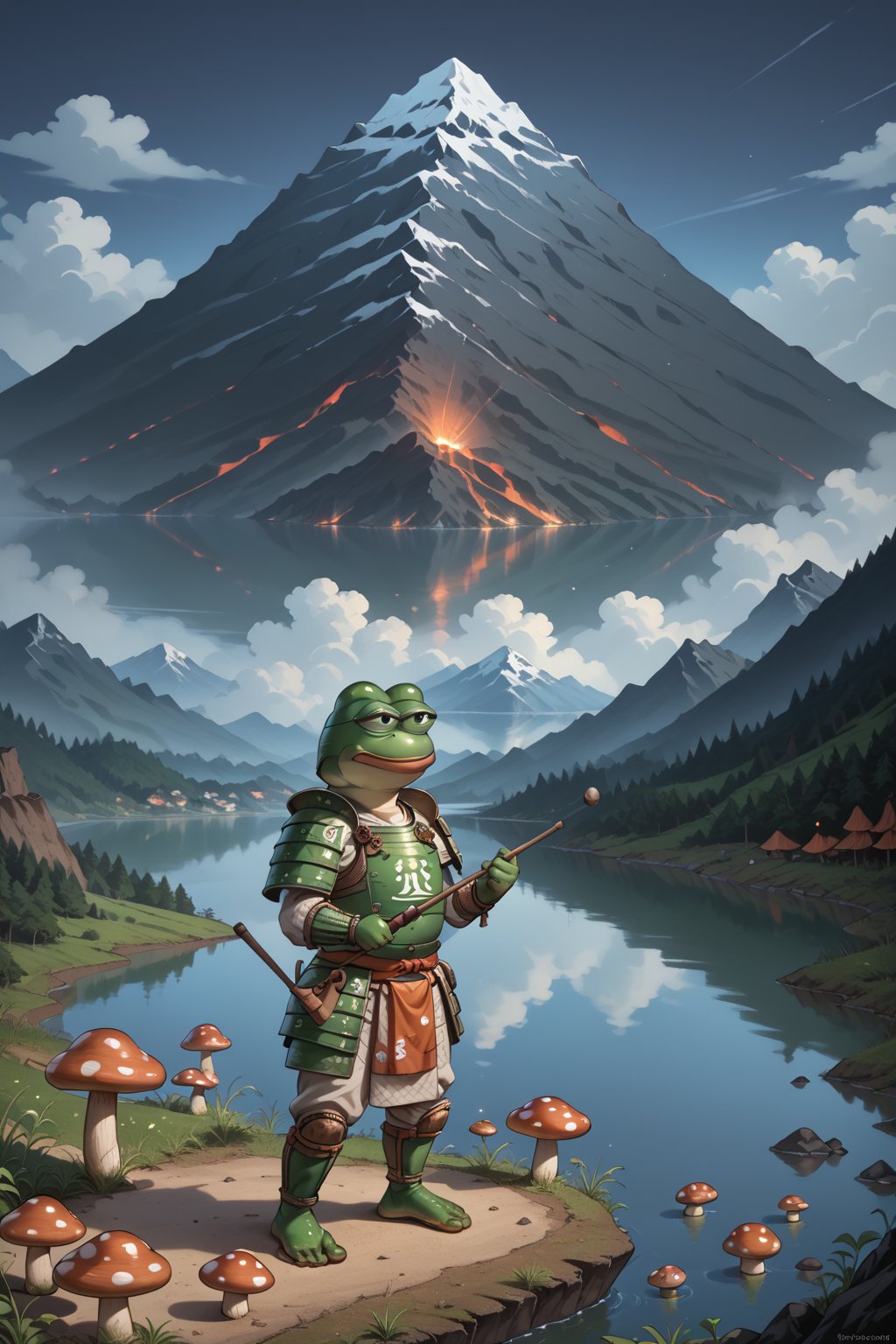 score_9, score_8, score_7, score_7_up, score_8_up, pepe the frog(wise, frog feet, quiet, wearing samurai armor with helmet and cuirass, ornate, light steel plate design which is worn over cloth padding), (full body) standing, background(mountain, volcano, giant mushrooms, lake, night), (solo), (masterpiece, highres, high quality:1.2), ambient occlusion, low saturation, High detailed, anime