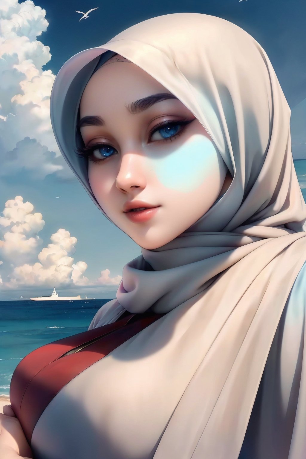 Woman(slim body, young, blue eyes, eyelashes, hijab, Wearing a white headscarf and veill,Gorgeous abaya,arabian pants Arabian, feminine, beautiful), looking at viewer with cute expression, sitting, (shot from distance), full body, background(outdoors, day, sky, cloud, mosque, ocean), (masterpiece, highres, high quality:1.2), low saturation,High detailed,soft shading