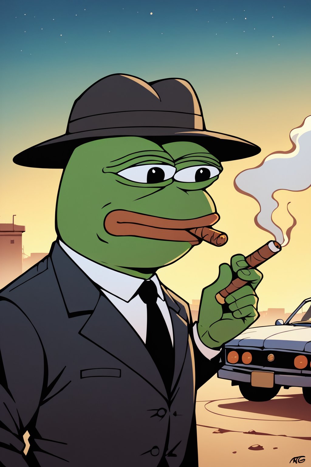 score_9, score_8, score_7, score_7_up, score_8_up, pepe the frog wearing black business suit, cowbot hat, smoking a cigar, upper body, mojave desert, classic car in background, apocalyptic, exterior, night,0ut3rsp4c3