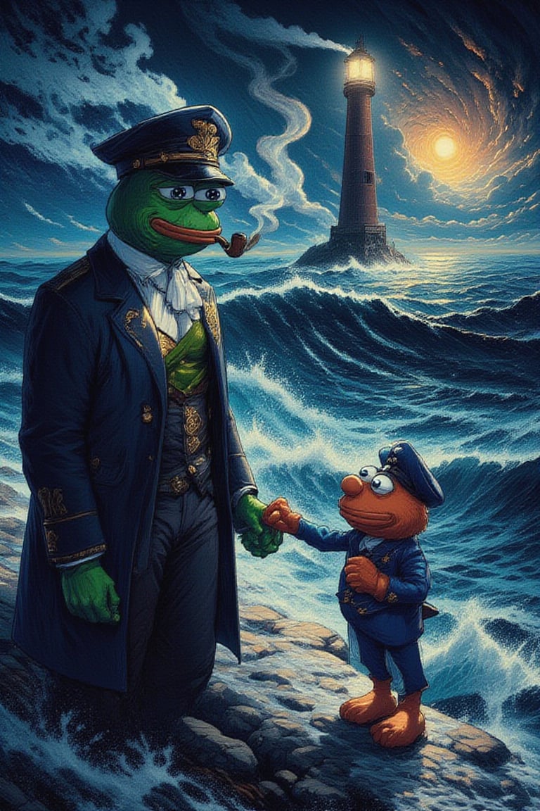 Scene Description: An oil-painted illustration set in a stormy, nighttime seascape, reminiscent of 1980s art styles. The scene captures Pepe the Frog and Elmo standing on a rocky outcrop by the ocean, with a tall lighthouse in the background casting its warm light over the turbulent waves.

Characters:

Pepe the Frog: Dressed as a sea captain, wearing a dark navy-blue captain's coat with gold accents and a matching hat. His face is serious and weathered, reflecting a sense of experience and wisdom. Pepe is smoking a pipe, with smoke curling up into the stormy night sky, adding to the atmospheric feel of the scene.

Elmo: Standing beside Pepe, Elmo is dressed in a similar navy-blue coat and hat, looking up to Pepe with a sense of admiration. His presence adds a touch of warmth and familiarity to the otherwise dramatic scene.

Setting: The waves crash against the rocks where the characters stand, with the lighthouse's beam cutting through the dark, cloud-filled sky. The overall color palette consists of deep blues, blacks, and greys, with the warm light from the lighthouse and Pepe’s pipe providing the only contrast in color.

Style: The painting is done in a detailed, realistic oil paint style typical of the 1980s, capturing both the dramatic power of the sea and the quiet strength of the characters. The brushstrokes are deliberate and textured, giving a sense of depth and movement to the ocean and sky.

Atmosphere: The mood of the painting is one of quiet determination and resilience. The stormy weather and crashing waves reflect the challenges the characters face, while the lighthouse symbolizes hope and guidance. The combination of Pepe’s calm demeanor and the comforting presence of Elmo creates a powerful contrast against the harshness of the environment.