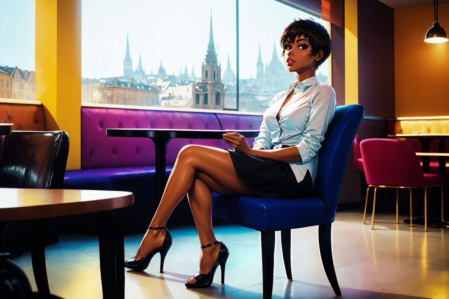 1woman(casca, atheltic body,brown hair, brown eye color, dark skin body, eyelashes, medium breasts, wearing black skirt and white shirt, high heels, feminine, beautiful),(full body), sitting on a chair, background(indoor, cafe), (Shot from distance),(masterpiece, highres, high quality:1.2), ambient occlusion, low saturation, High detailed, Detailedface, Dreamscape