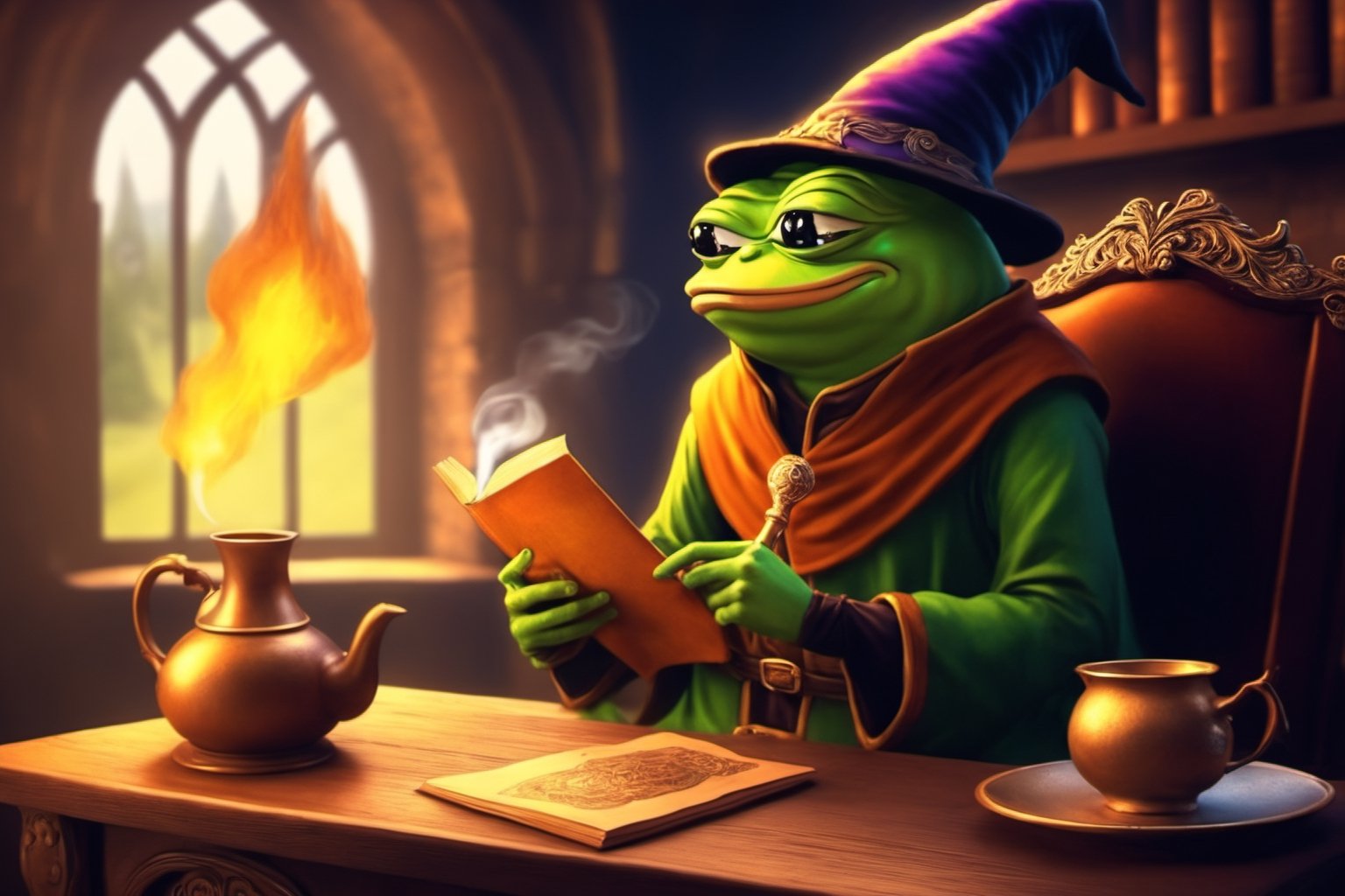 Pepe the frog(wearing wizard outfit, wizard hat, old, long beard, smiling, smoking with a pipe), full body, sitting on a expensive chair, tea pot and tea cup on the table, background(magical living room, fireplace, books, scrolls, magic ball), fantasy, Oil painting, heavy brush strokes, (Shot from distance)(masterpiece, highres, high quality:1.2), ambient occlusion, low saturation, High detailed, Detailedface, Dreamscape, (Dungeon and Dragons fantasy setting)