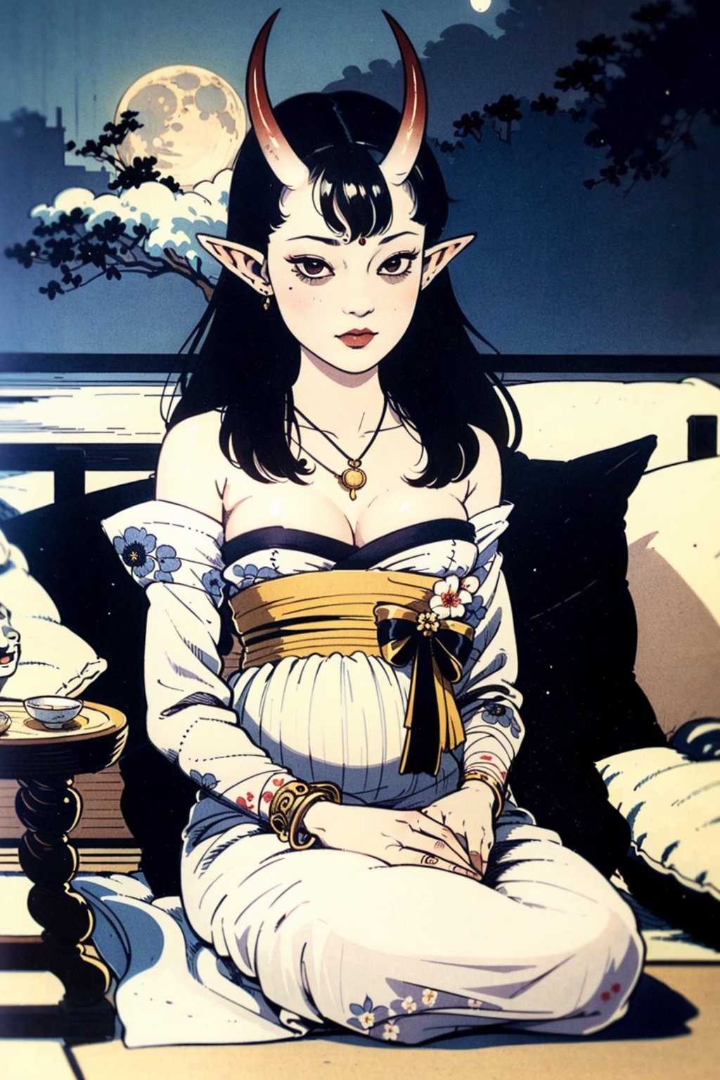 woman(slim body, long black hair, red eye color, jewelery, bridal gauntlets, rings, amulets, eyelashes, large cleavage, wearing yukata, pregnant, sandal, feminine, beautiful, mistress, succubus, oni horns, demon elf) The scene should convey a seductive and arrogant smug expression on her face, with an air of arrogance as she maintains eye contact with the viewer, (full body), sitting, background(luxurious japanese balcony, pillows, sky, night, moon, table(sake), pots with flowers),(masterpiece, highres, high quality:1.2), ambient occlusion, low saturation, High detailed, Detailedface