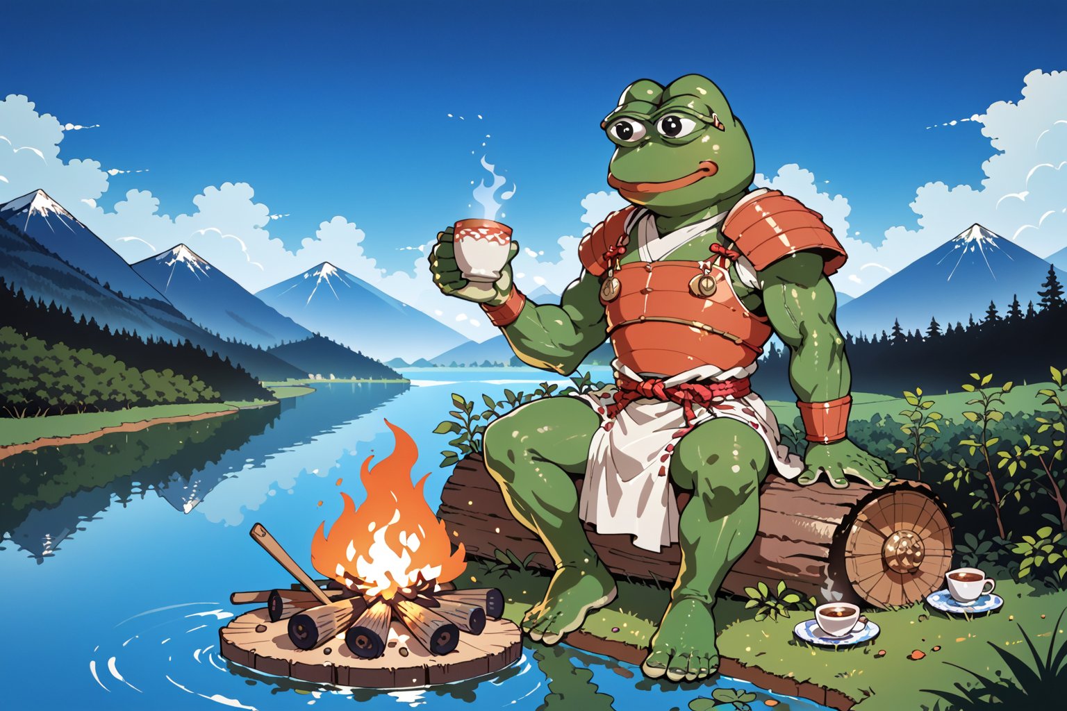 score_9, score_8, score_7, score_7_up, score_8_up, pepe the frog(wise, frog feet, quiet, wearing samurai armor with helmet and cuirass, ornate, light steel plate design which is worn over cloth padding), (full body) sitting on a log, coffee and rice on the table, campfire, background(mountain, giant mushrooms, lake, night), (solo), (masterpiece, highres, high quality:1.2), ambient occlusion, low saturation, High detailed, anime