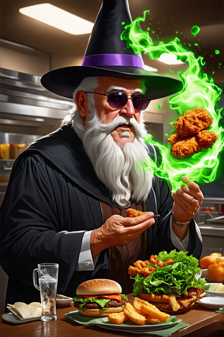 old man\(wearing wizard robe, long white beard, wizard hat, wearing sun glasses, side view), releasing magical green energy, (vegetables, fried chicken, burger meat and soda with ice are flying in the air), background(fast food restaurant kitchen indoor, fast food employees shoked), (masterpiece, highres, high quality:1.2), ambient occlusion, low saturation, High detailed, Detailedface, (shot from distance), intricate details, dreamlike, concept art, illustration, highly detailed, splash art, artbook, beautiful image, fantasy, realistic