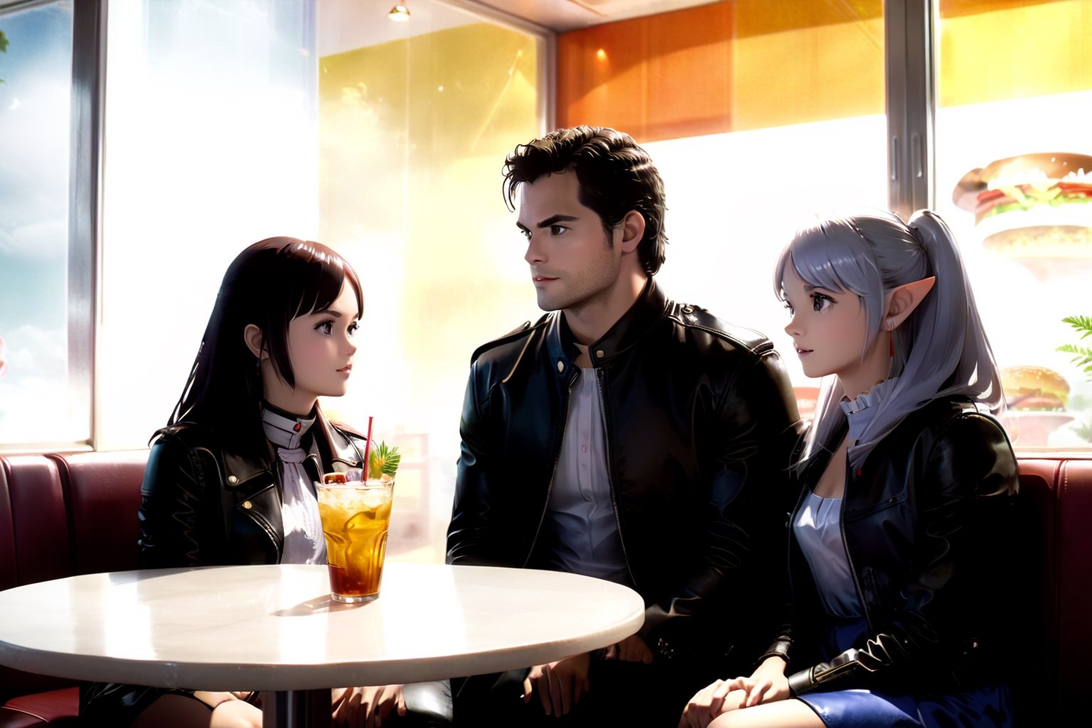 1boy(herny Cavill wearing leather jacket) with 2girls(frieren and fern both wearing nice dress), both sitting, hamburger and soda on the table, fantasy, (Shot from distance),background(indoor, fastfood restaurant)(masterpiece, highres, high quality:1.2), ambient occlusion, low saturation, High detailed, Detailedface, Dreamscape,frn