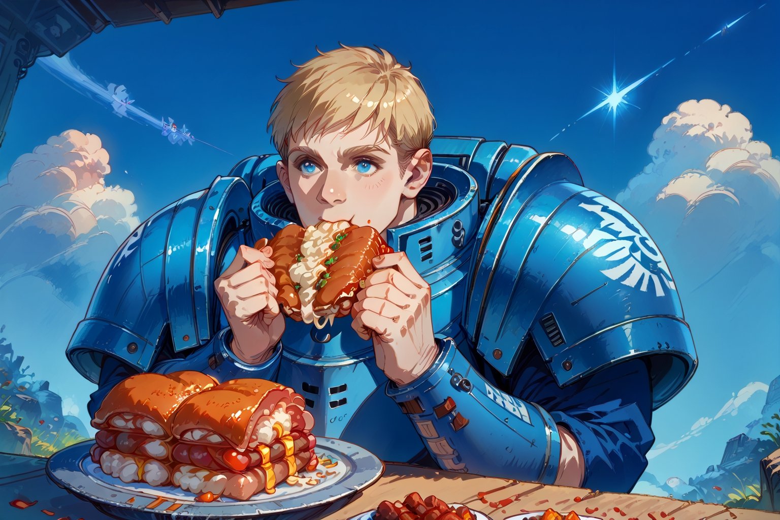 score_9, score_8, score_7, score_8_up, 1boy\(Laois, human, wearing blue space marine armor\), sitting and eating cooked meat, Mars outdoor,SpaceMarine1024,portrait