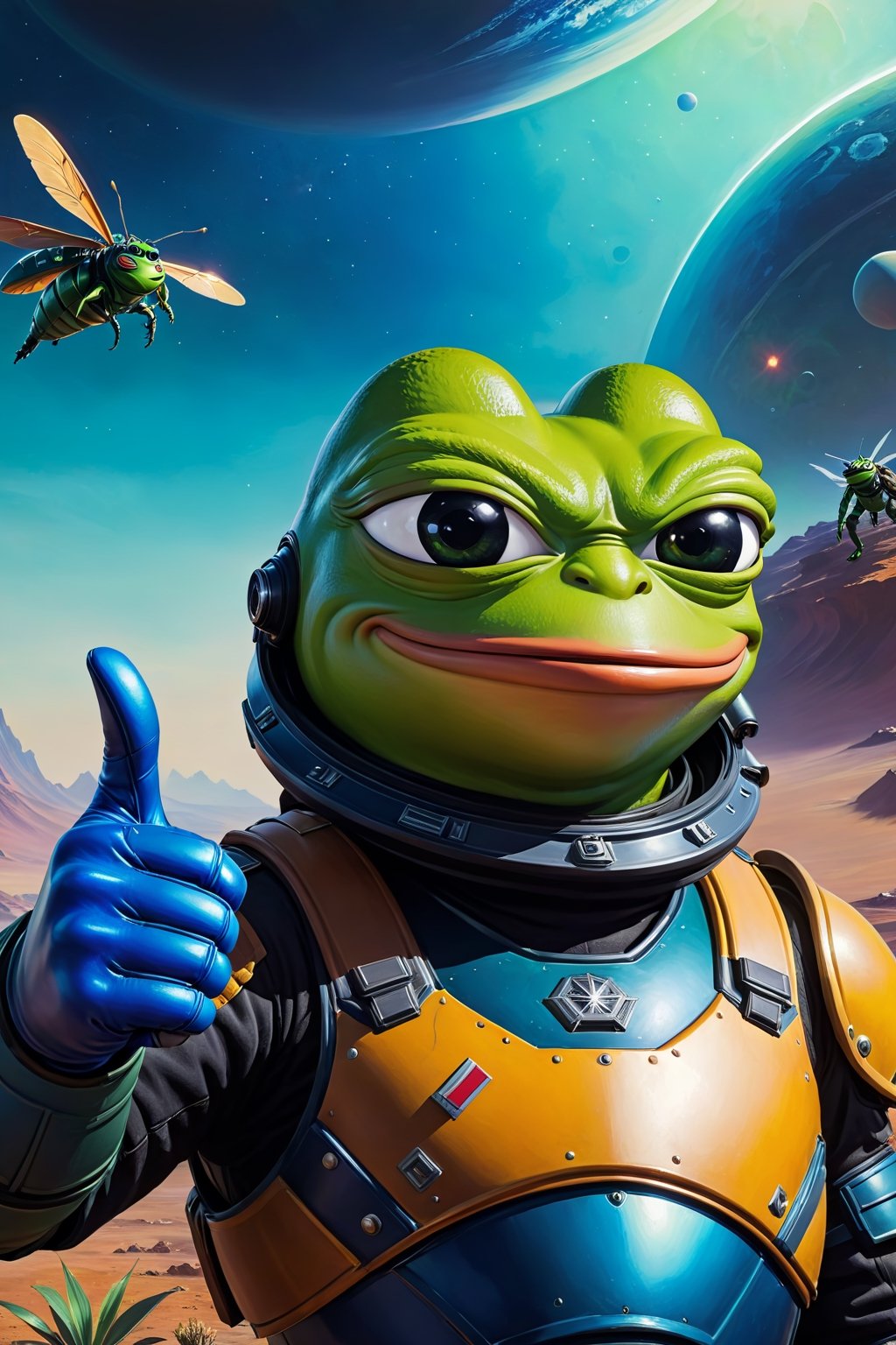 Pepe the frog wearing helldiver Armor giving thumbs up, staring at you, giant alien insects, background(alien planet), fantasy, Oil painting, heavy brush strokes, colourful, epic art, (masterpiece, highres, high quality:1.2), ambient occlusion, low saturation, High detailed, Detailedface, Dreamscape