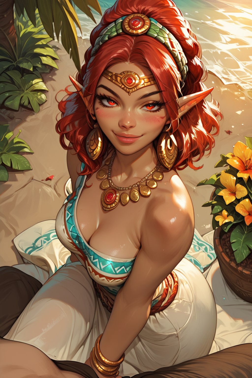 score_9, score_8, score_7, score_7_up, score_8_up, best quality, masterpiece, 4k, pov\(male human muscle, dressed\) walking hand in hand 1girl\((pointy ear, red hair, red eye), medium breasts, wearing traditional Aztec dress, gold, jewellery, blushing, toned, teasing, smug look on her face, both Looking up at viewer, side view\), both staring at you seductively, Aztec Beach, romance, fantasy, ENHANCE XL,ENHANCE Facial details