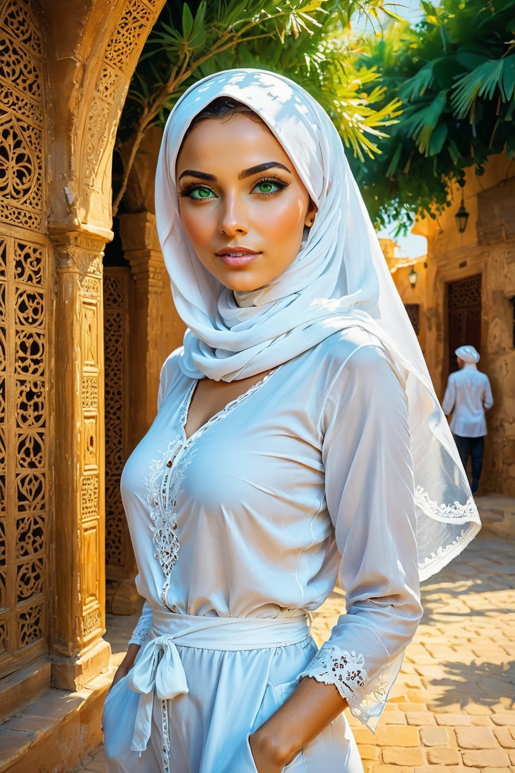 Woman(slim body, young, green eyes, arab, morrocan, eyelashes, hijab, Wearing a white headscarf and veill,Gorgeous abaya,arabian pants Arabian, feminine, beautiful), (full body), Staring at you while reporting news at news stage, background(outdoor, day, sun, ocean, mosques, birds), Oil painting, heavy brush strokes, (Shot from distance),(masterpiece, highres, high quality:1.2), ambient occlusion, low saturation, High detailed, Detailedface, Dreamscape,perfect,Replay1988