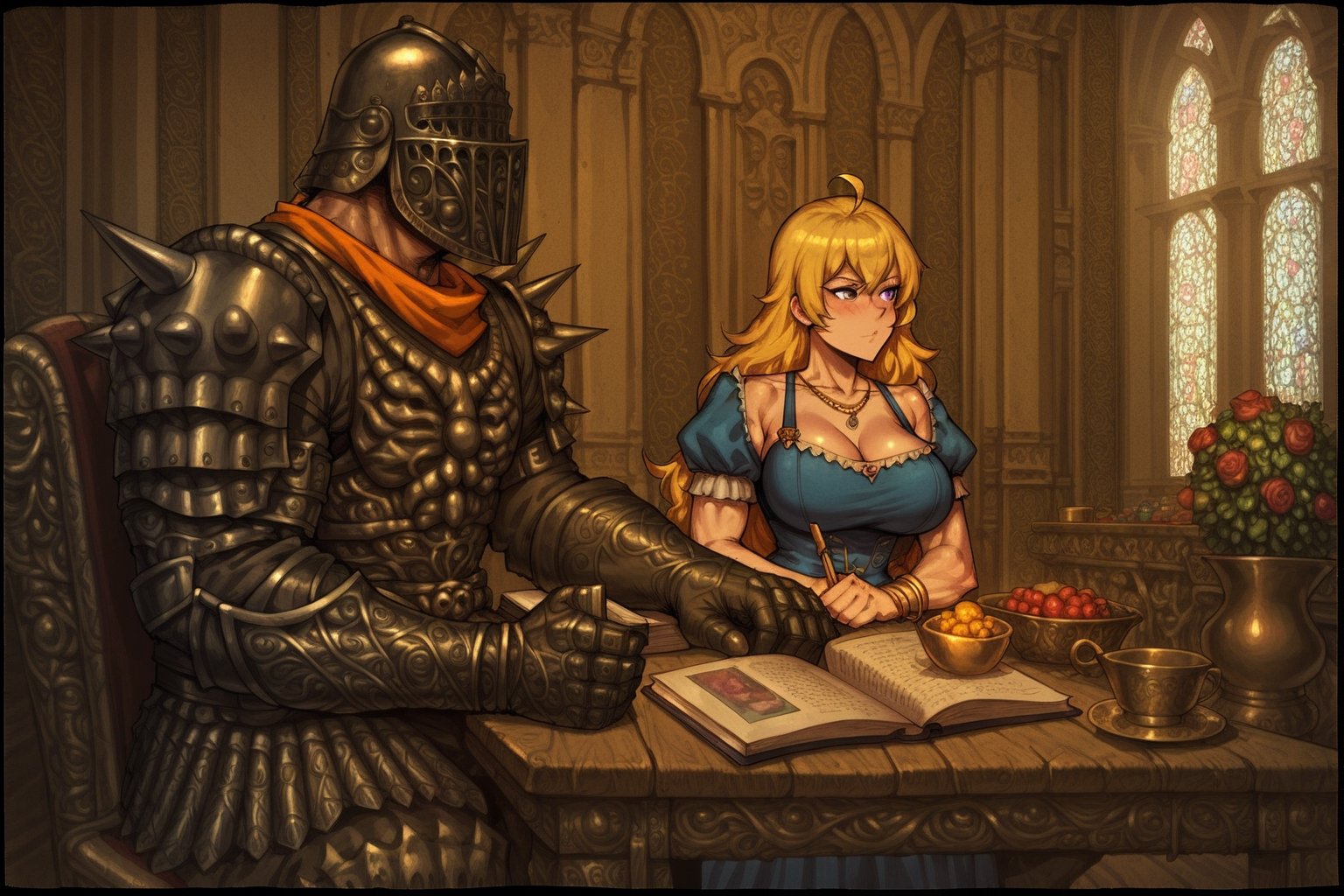 score_9, score_8, score_7, score_8_up, 1boy\(human, dark skin, muscles, giant, tall, wearing full madness Armor and helmet\) with 1girl\(big breasts, Yang Xiao Long wearing blue dress, blushing pouty lips, seductive\), both sitting on chairs, both staring at each other, reading book, (garden exterior, lakeside),  score_7_up, side view
