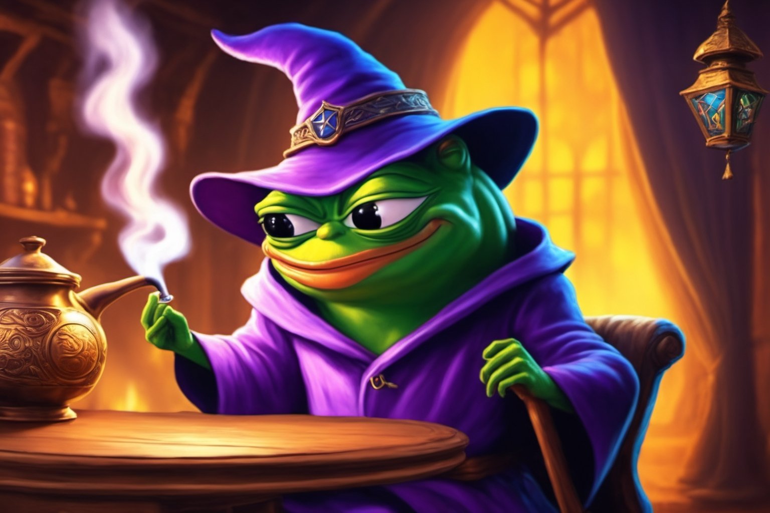 Pepe the frog(wearing wizard outfit, wizard hat, old, long beard, smiling, smoking with a pipe), full body, sitting on a expensive chair, tea pot and tea cup on the table, background(magical living room, books, scrolls, magic ball), fantasy, Oil painting, heavy brush strokes, (Shot from distance)(masterpiece, highres, high quality:1.2), ambient occlusion, low saturation, High detailed, Detailedface, Dreamscape, (Dungeon and Dragons fantasy setting)