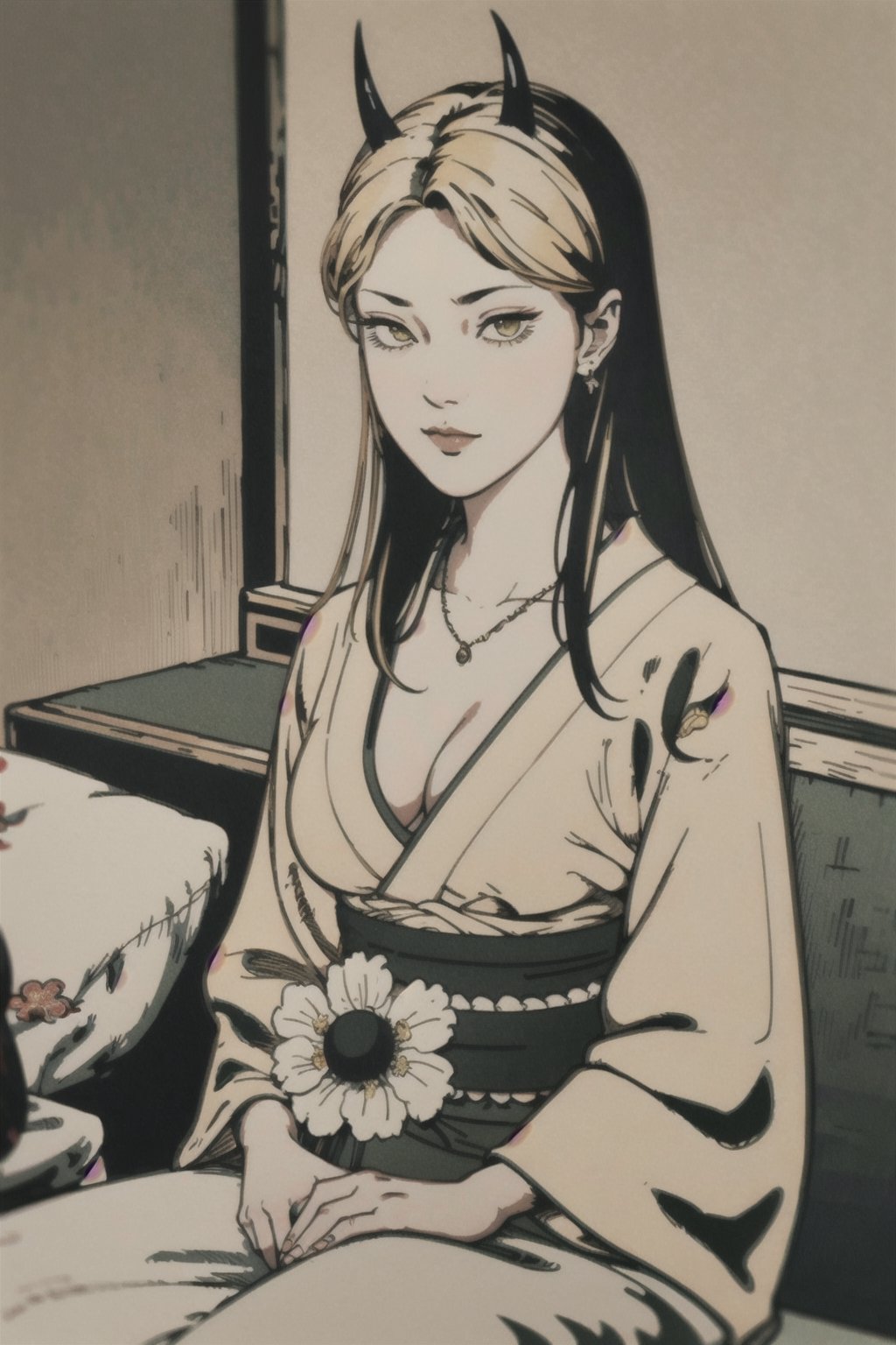 woman\(slim body, long blonde hair, yellow eye color, horns, jewelery, bridal gauntlets, rings, amulets, eyelashes, big breasts, large cleavage, wearing yukata, sandal, feminine, beautiful, mistress\) The scene should convey a seductive and arrogant smug expression on her face, with an air of smugness as she maintains eye contact with the viewer, (full body), sitting, background(luxurious japanese restaurant, pillows, table(sake, rice), pots with flowers),(masterpiece, highres, high quality:1.2), ambient occlusion, low saturation, High detailed, Detailedface