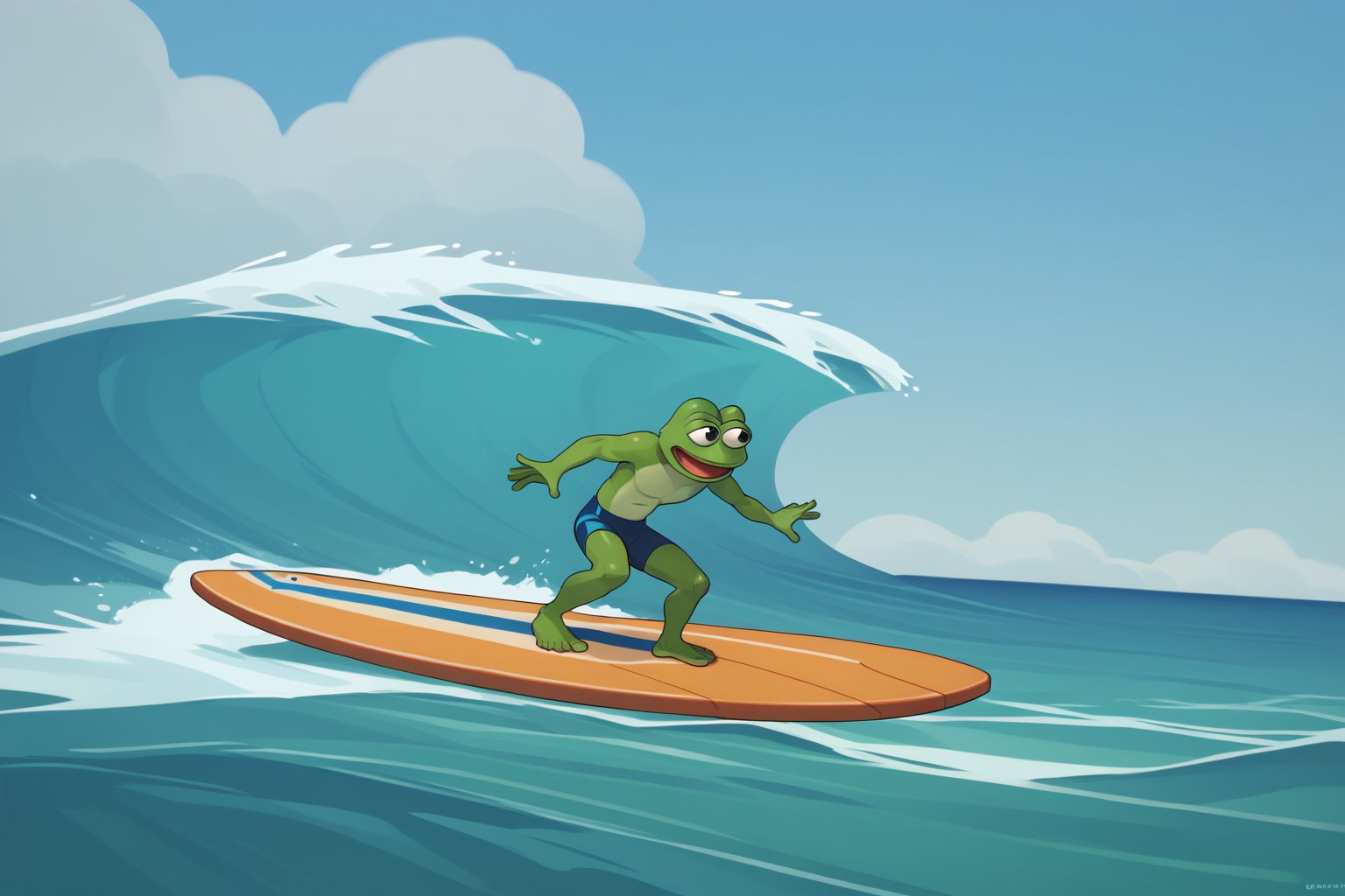 score_9, score_8, score_7, score_7_up, score_8_up, pepe the frog surfing, swimsuit, barefoot, surfboard, beach, exterior,incrssurfing