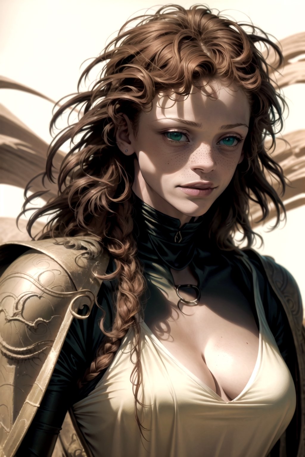 woman\(long afro red hair, green eyes, beautiful, athletic body, large cleavage, wearing white dress, freckles, smile expression\)(upper body) walking arround in dune city, background(dune style world, day),(masterpiece, highres, high quality:1.2), ambient occlusion, low saturation, High detailed, comic page different views