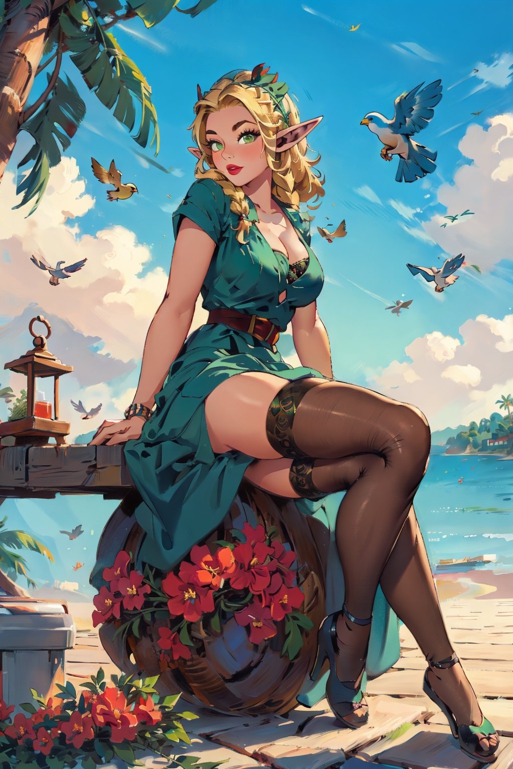 1girl(Marcille, slim body, elf ears, eyelashes, wearing dress, nice cleavage, headdress, long blonde hair, green eyes, feminine, beautiful), looking at viewer seductively, sitting, seductive pose, full body, background(birds,flower, outdoors, day, sky, palm tree, plant, cloud, ocean, scenery), (masterpiece, highres, high quality:1.2), low saturation,High detailed,perfect