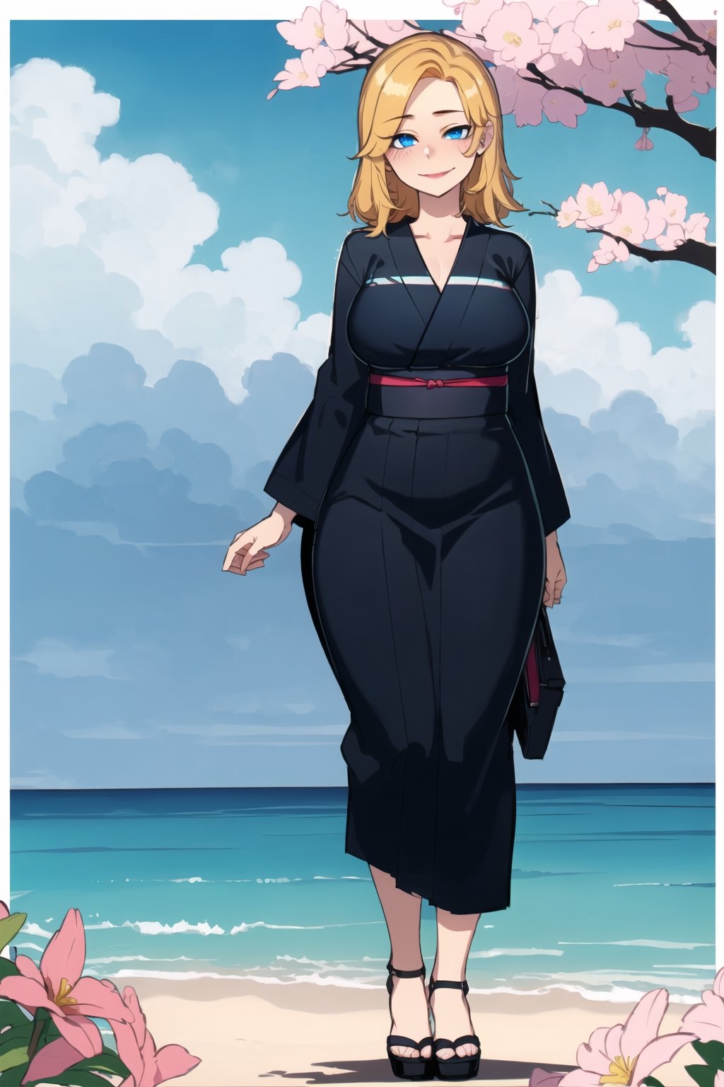 1girl(slim body, adult, 2o years old, long black hair, blue eyes, wearing yukata big breasts, heels), staring at you seductively with a smile on her face, full body, background(day, outdoor, sky, sun, ocean, flowers, trees) (masterpiece, highres, high quality:1.2), ambient occlusion, outstanding colors, low saturation,High detailed, Detailedface, Dreamscape,ratatatat74 style