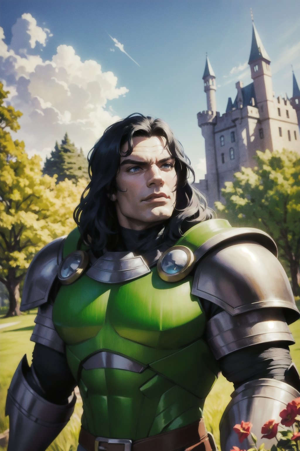 Doom\(male, handsome, black hair, blue eyes, tall, muscles, strong jaw, sharp cheekbones, thin lips, wearing green doom armor\) upper body, background(day, outdoor, sky, sun, castle, garden, flowers, trees) (masterpiece, highres, high quality:1.2), ambient occlusion, outstanding colors, low saturation,High detailed, Detailedface, Dreamscape,henrycavill