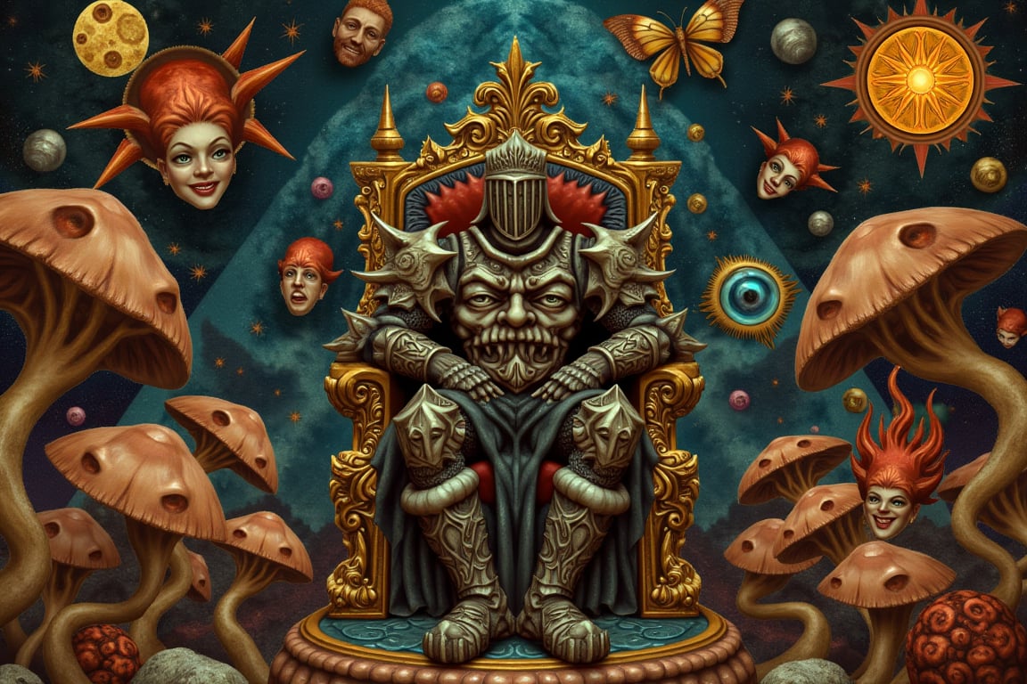 Prompt:

Central Figure: The knight, clad in the eerie Madness Armor and Helmet, sits regally on a twisted, ornate throne. His presence is imposing, yet his posture exudes a sense of detached serenity, as if he is the ruler of this bizarre, otherworldly realm.

Surrounding Elements:

Faces of Madness: Surrounding the knight are numerous disembodied faces, both male and female, floating in the air. Each face is trapped in a different emotional state, ranging from lost and fearful to hysterically laughing, to eerily calm, to wildly joyful. These faces are rendered in a surreal, geometric style, with sharp angles, distorted proportions, and vibrant planes of color. Some faces appear fractured, with fragmented perspectives, adding to the sense of psychological disarray.

Geometric and Surreal Elements: The scene is infused with Salvador Dalí-inspired surrealism and abstract geometry. Floating around the central figure are disembodied eyes and mouths, rendered as geometric shapes. The eyes, set within triangles, circles, and other abstract forms, vary in size and orientation, their expressions shifting between curiosity, fear, and madness. The mouths, similarly abstracted, float in the air, some appearing to whisper dark secrets, others frozen in grotesque laughter.

Celestial and Cosmic Imagery: Above the knight, a stylized sun and moon hover among swirling, abstract shapes. The sun's face is warm and radiant, its rays extending in sharp, angular lines, while the moon’s face is calm and serene, bathed in cool, silvery tones. These celestial bodies cast an eerie, otherworldly light over the scene, enhancing the surreal atmosphere.

Background: The environment around the knight is a blend of classical fresco and surreal geometry. Twisted, oversized mushrooms and surreal flora fill the landscape, with abstract forms and floating butterflies adding a whimsical, yet unsettling, touch. The background is a deep, rich tapestry of colors, blending cosmic elements with abstract shapes, creating a mysterious, otherworldly environment.

Atmosphere: The overall atmosphere is one of surreal madness and regal detachment. The vibrant colors, bold geometric forms, and disembodied faces create a sense of disarray and psychological unease, perfectly complementing the knight’s commanding yet eerie presence on his throne. This scene is a harmonious blend of classical-style composition and surreal, abstract geometry, making it both visually captivating and deeply thought-provoking.