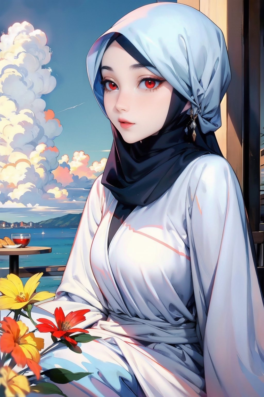 Woman(slim body, young, red eyes, eyelashes, hijab, Wearing a white headscarf and veill,Gorgeous abaya,arabian pants Arabian, feminine, beautiful), looking at viewer with cute expression, sitting, (shot from distance), background(outdoors, day, sky, cloud, restaurant), (masterpiece, highres, high quality:1.2), low saturation,High detailed,soft shading