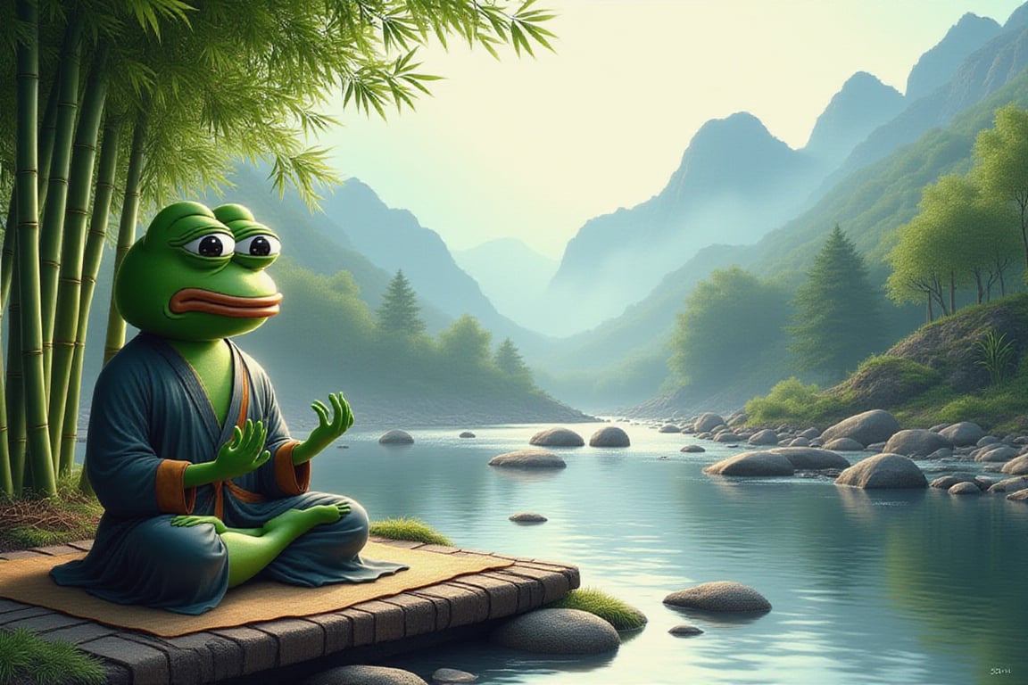 A serene, highly detailed scene featuring Pepe the Frog in a peaceful, Xianxia-inspired setting, seated in a meditative pose near a calm stream surrounded by lush bamboo trees. Pepe is wearing flowing, traditional robes, radiating tranquility as he sits cross-legged on a simple mat. His hands rest gently on his knees in a meditative gesture, and his face reflects a peaceful, introspective expression. The landscape is bathed in soft sunlight filtering through the bamboo, with mist-covered mountains in the distance and a gentle stream flowing quietly beside him. The scene beautifully captures a harmonious blend of nature and serenity, with Pepe deeply immersed in his meditative practice. The atmosphere evokes a calm, reflective mood, highlighting a strong sense of inner peace and connection to the natural world.