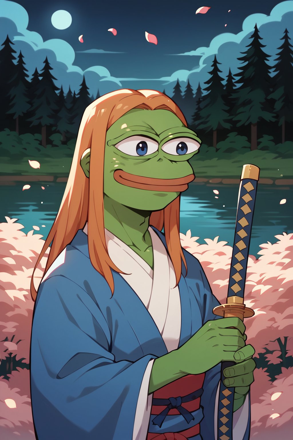 score_9, score_8, score_7, score_7_up, score_8_up, pepe the frog wearing samurai armor, long Katana in his hand, upper body, river Forest, exterior, night, Sakura petals, vagabond,ukiyo_e