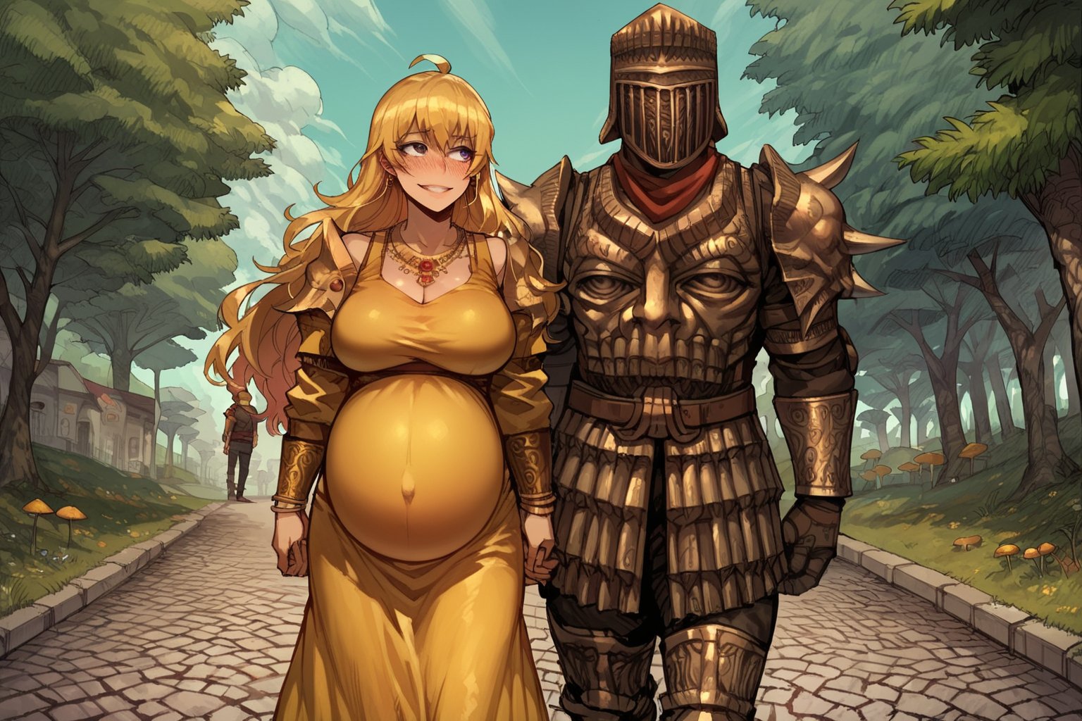 score_9, score_8, score_7, score_7_up, score_8_up, 1boy\(human, giant male, tall male, wearing madness Armor and (madness helmet)\) walking and holding hand of 1girl\(Yang Xiao Long, short, smiling, pregnant, jewellery, gold, wearing dress, pouty lips, seductive, blushing\), both staring at each other, day, city, multiple magical butterflies, outdoor, mushroom trees, romance, fantasy, hetero, anime, 2d