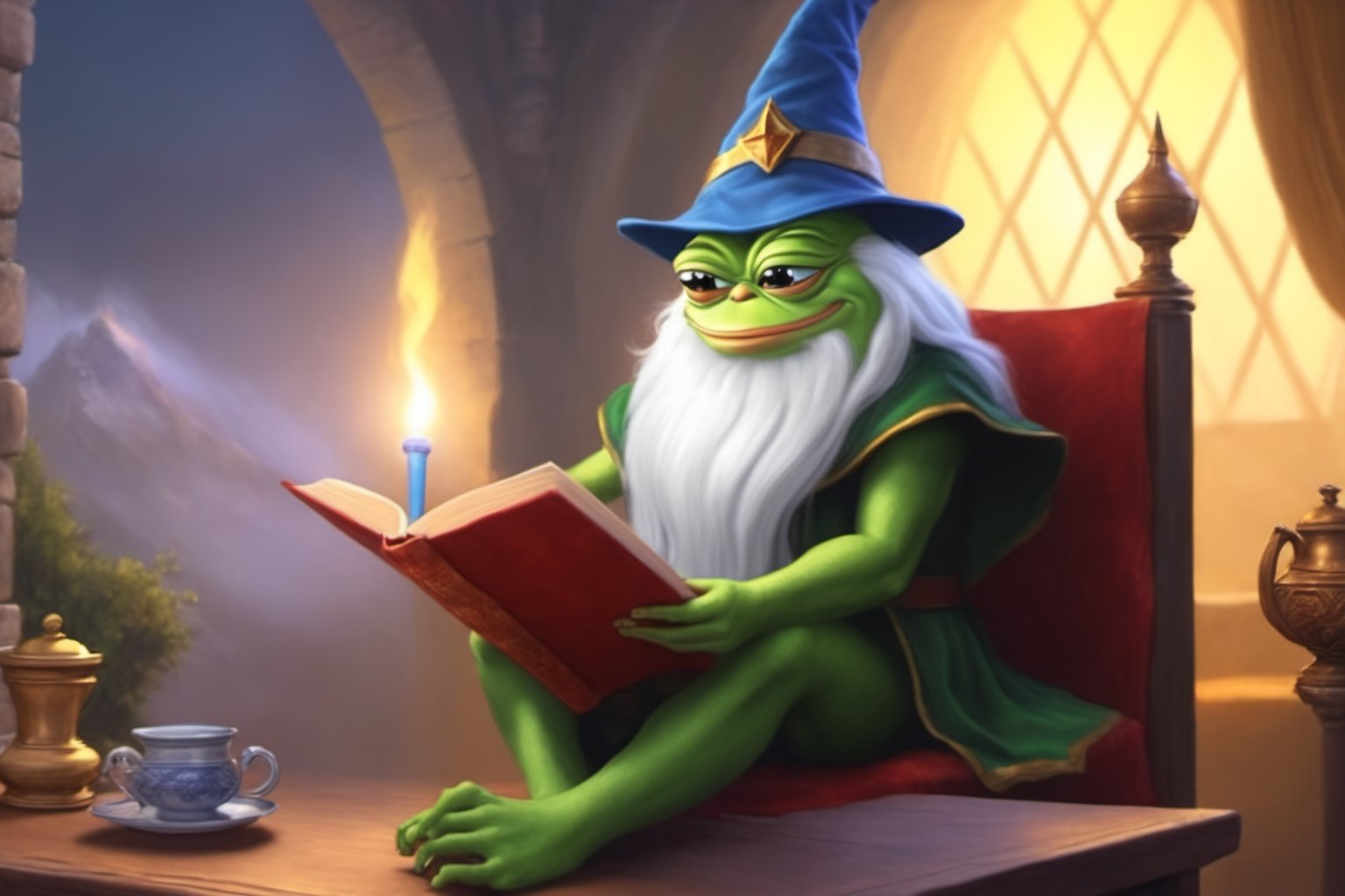 Pepe the frog(wearing wizard outfit, wizard hat, wise old, long white beard, feels good, smiling, reading a book), full body, sitting on a expensive chair, tea pot and tea cup on the table, background(magical living room, books, scrolls, magic ball), fantasy, Oil painting, heavy brush strokes, (Shot from distance)(masterpiece, highres, high quality:1.2), ambient occlusion, low saturation, High detailed, Detailedface, Dreamscape, (Dungeon and Dragons fantasy setting)