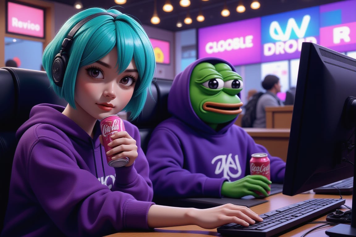 A highly detailed scene set in an internet cafe, where a woman with short, aqua-colored hair and Pepe the Frog are taking a break from gaming. Both are sitting comfortably in their desk chairs, their PCs still on, but their focus has shifted to the drinks in their hands. The woman, dressed in her casual purple hoodie, sips from a can of soda, her expression relaxed, and her lips slightly curved in a soft smile. Her short aqua hair catches the light from the overhead cafe lights, giving her a vibrant appearance.

Next to her, Pepe the Frog leans back in his chair, holding his own can of soda. He’s also dressed in a hoodie, looking content as he enjoys the break. The two exchange casual glances, as if sharing a lighthearted moment between gaming sessions. The scene captures a relaxed, refreshing pause, with the internet cafe still bustling in the blurred background. The lighting softly illuminates their relaxed faces and casual outfits, creating a calm and cozy atmosphere.