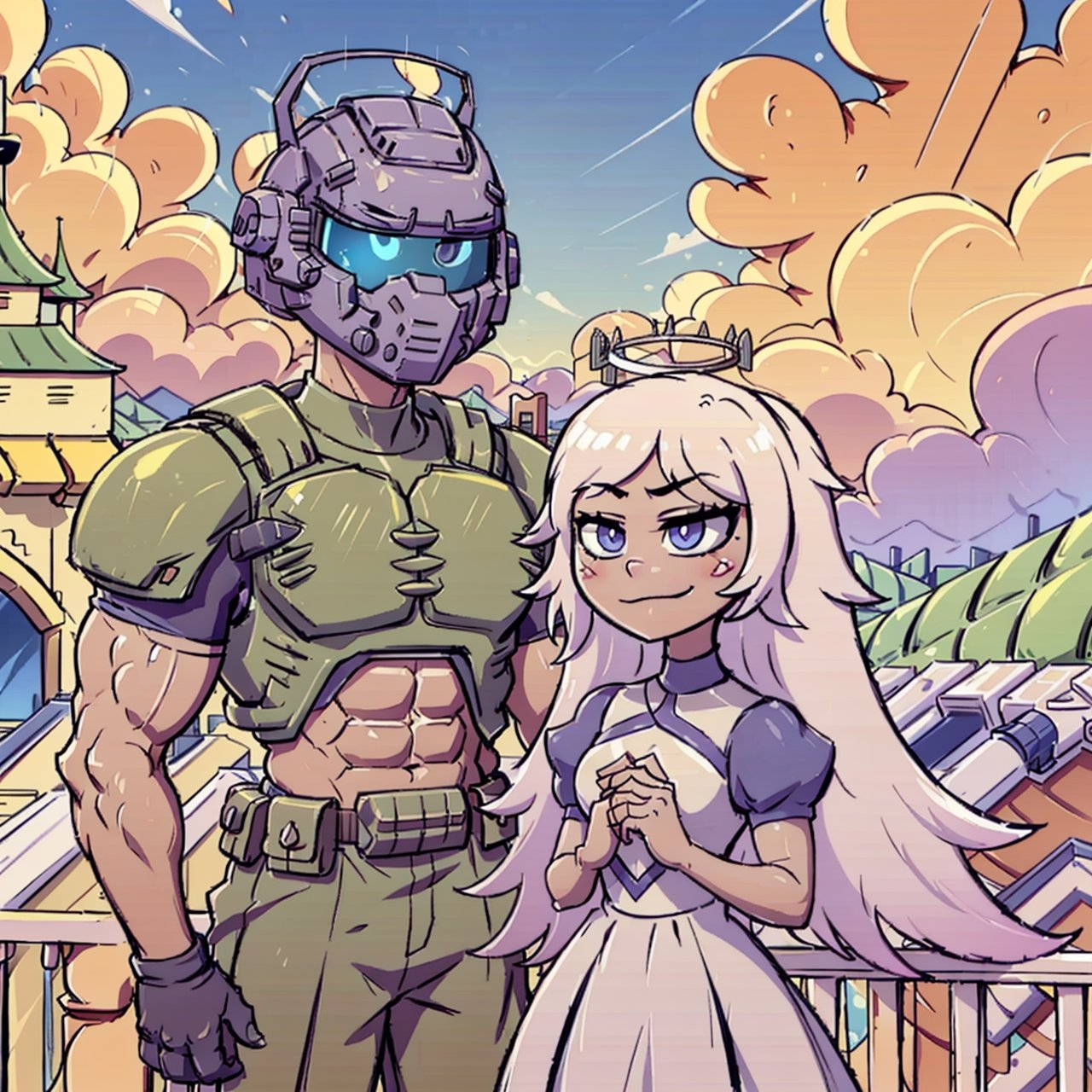 1boy(DoomGuy, tall, young, muscular, wearing doom helmet faceless, no hair, Doomguy(helmet)) and 1girl(Emily,slim body, cute, petite, wearing princess dress, long white hair, gentle and warm smile), (shot from distance), background(balcony, castle, rural area) (masterpiece, highres, high quality:1.2), ambient occlusion, outstanding colors, low saturation,High detailed,Detailedface,Dreamscape