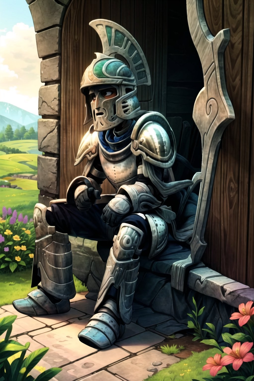 High resolution, extremely detailed, atmospheric scene, masterpiece, best quality, high resolution, 32k, high quality), (Full Body), knight(wearing full armor and helmet, tall), sitting on a stone, at the entrance of a dungeon, surrounded by rolling green hills and colorful flowers. The sunlight casts a warm, golden glow.