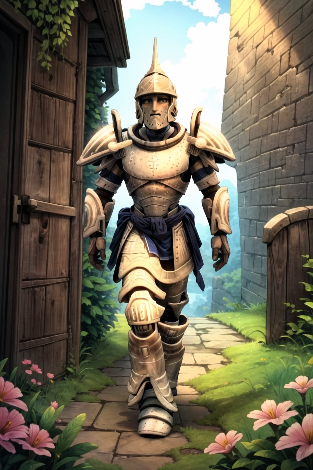 High resolution, extremely detailed, atmospheric scene, masterpiece, best quality, high resolution, 32k, high quality), (Full Body), knight(wearing full armor and helmet, tall), walking at the entrance of a dungeon, surrounded by rolling green hills and colorful flowers. The sunlight casts a warm, golden glow.