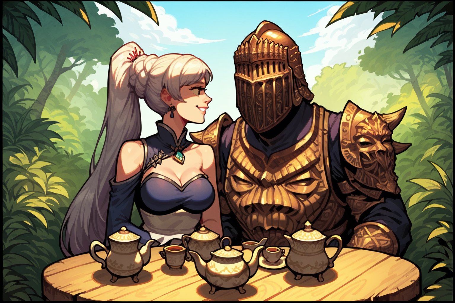 score_9, score_8, score_7, score_8_up, 1boy\(human, dark skin, giant, tall, wearing full madness Armor and helmet\) with woman\(medium breasts, Weiss Schnee wearing dress, happy, seductive\), both sitting and eating. (Tea cups, tea pot, parmesan on the table), jungle, both staring at each other, score_7_up, side view