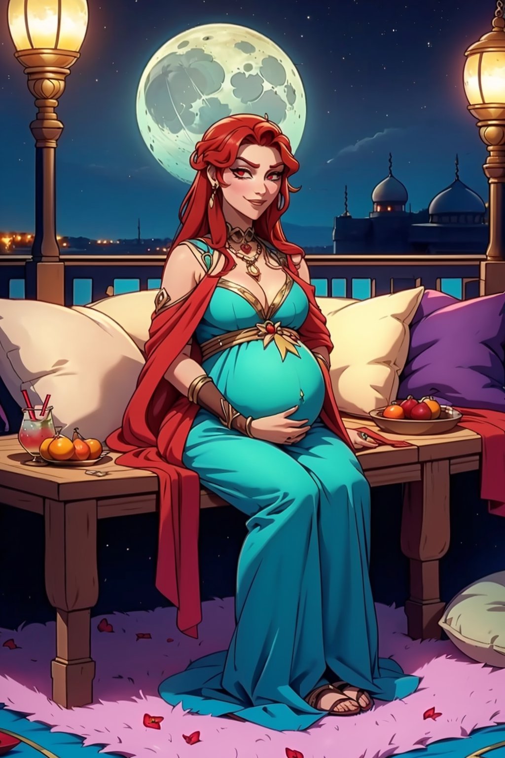 woman(slim body, vampire, red hair, red eye color, jewelery, bridal gauntlets, rings, amulets, eyelashes, medium cleavage, wearing full harem dress, pregnant, sandal, feminine, beautiful, mistress) The scene should convey a seductive and arrogant smug expression on her face, with an air of arrogance as she maintains eye contact with the viewer, (full body), sitting, background(luxurious arabian balcony, pillows, sky, night, moon, table(fruits and drinks), pots with flowers),(masterpiece, highres, high quality:1.2), ambient occlusion, low saturation, High detailed, Detailedface