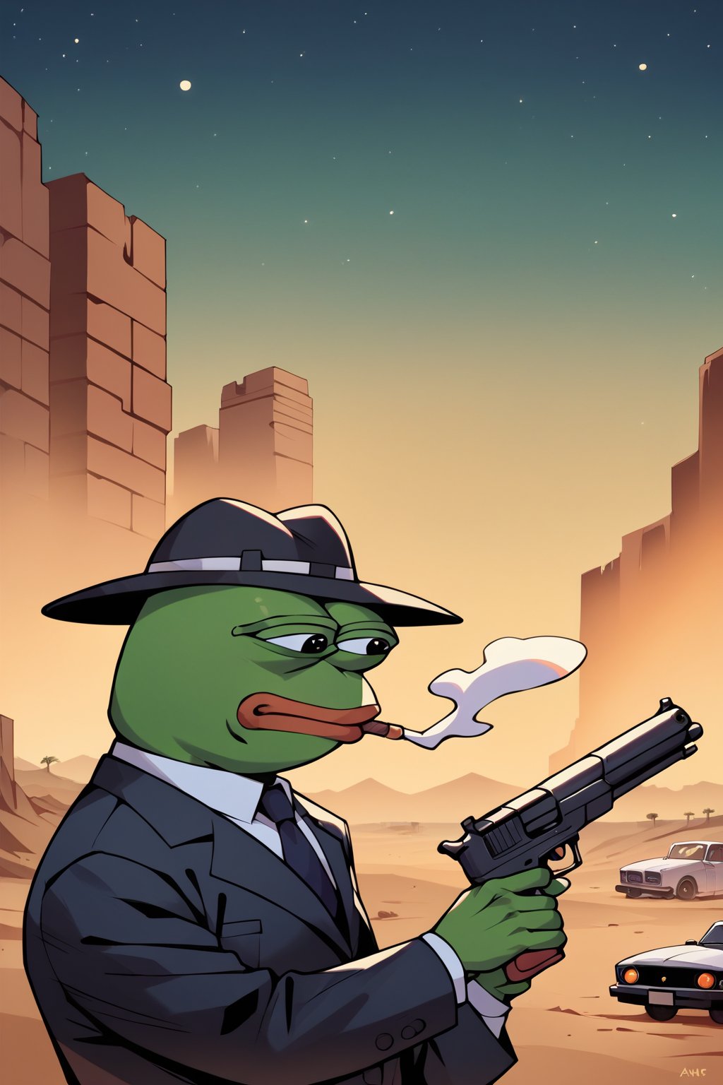 score_9, score_8, score_7, score_7_up, score_8_up, pepe the frog wearing black business suit, cowbot hat, smoking a cigar, holding shotgun, upper body, mojave desert, classic car in background, apocalyptic, exterior, night,0ut3rsp4c3