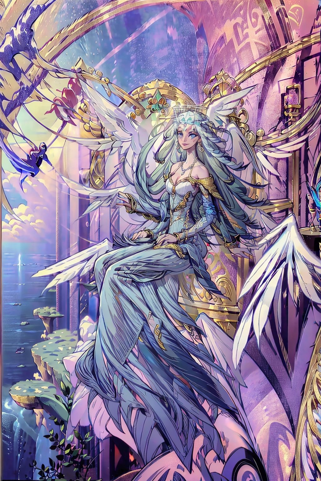 Sera(slim body, long white hair, blue eyes, eyelashes, jewelry, earrings, necklace, wings, angel, armlet, bracelet, ring, wearing dress, angel, large cleavage, big breasts, headdress, bare shoulders, hoop earrings, bridal gauntlets, feminine, beautiful, gentle smile), looking at viewer seductively, sitting on a throne, background(flower, outdoors, day, sky, tree, plant, cloud, ocean, water, scenery), (masterpiece, highres, high quality:1.2), low saturation,High detailed,perfect,oil painting