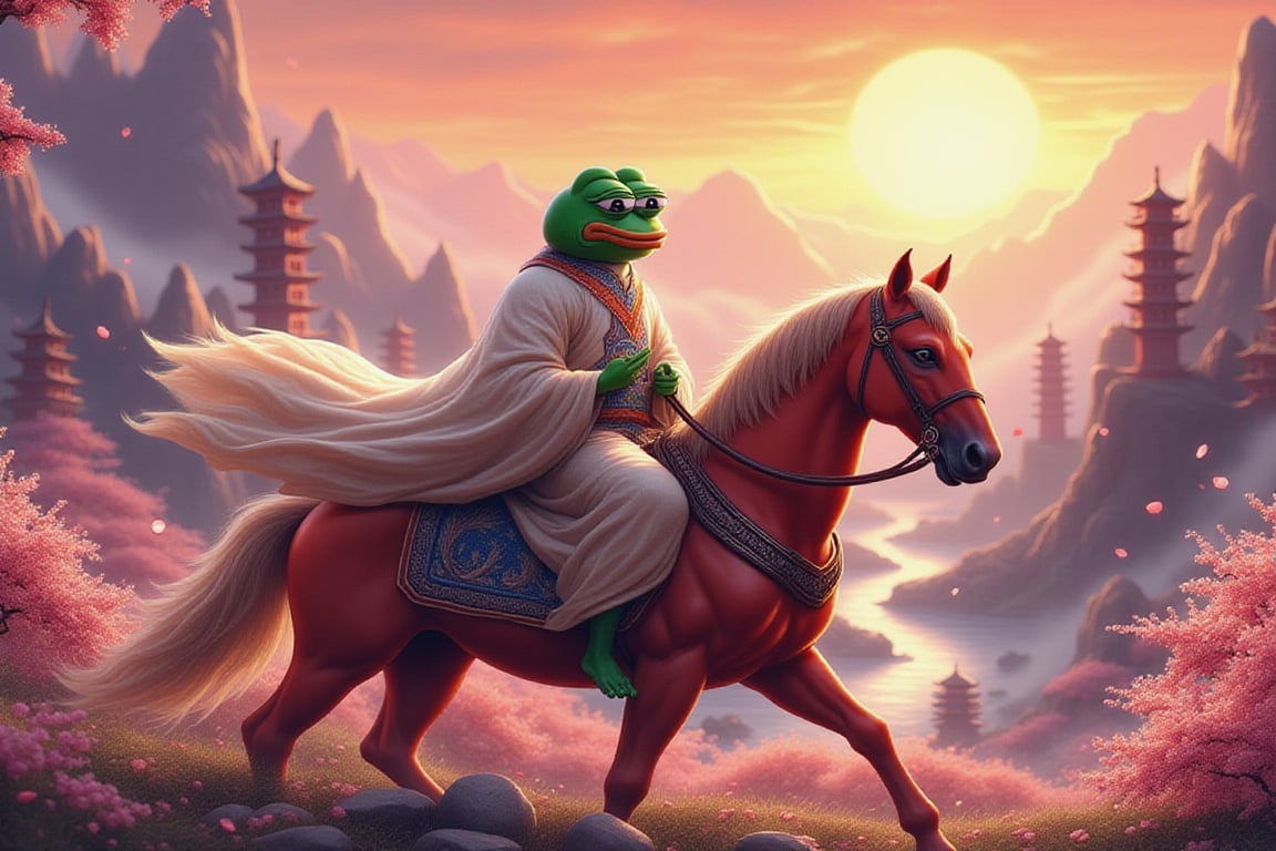 A highly detailed, photo-realistic scene featuring Pepe the Frog as a calm, stoic warrior in a Xianxia world inspired by ancient China. Pepe is dressed in flowing, intricately designed Xianxia robes with layers of ethereal silk and glowing accents that evoke a sense of mystical power. He rides a majestic red horse, which walks gracefully through a serene landscape. The sky is painted with warm hues of orange and pink as the sun sets behind towering, mist-covered mountains. Delicate petals from blossoming trees float through the air, adding a tranquil and magical atmosphere. Pepe sits upright on his horse in a meditative posture, his expression calm and introspective as he gazes toward the horizon. The background is filled with fantastical Chinese architecture, including towering pagodas and ancient temples, with a flowing river cutting through the valley. The mood is one of quiet reflection, set against the backdrop of a mystical Xianxia world where magic and martial arts intertwine.