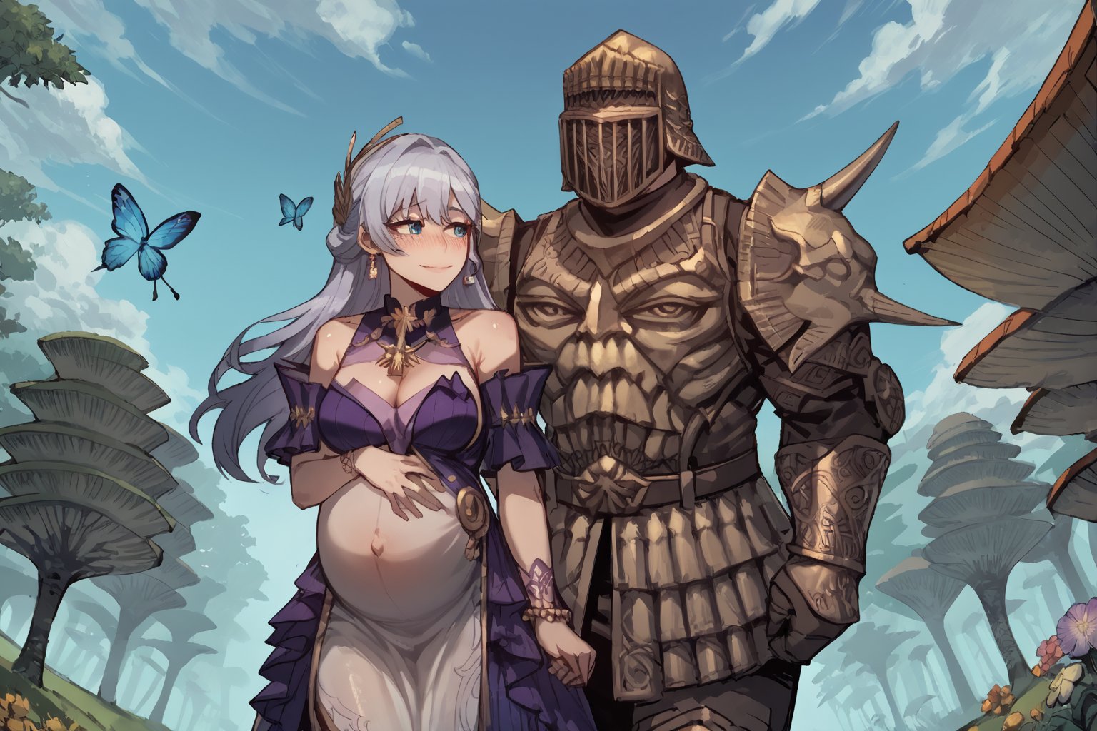 score_9, score_8, score_7, score_7_up, score_8_up, 1boy\(human, giant male, tall male, wearing madness Armor and (madness helmet)\) walking and holding hand of 1girl\(robin \(honkai: star rail\), short, smiling, pregnant, jewellery, gold, wearing dress, pouty lips, seductive, blushing\), both staring at each other, day, city, multiple magical butterflies, outdoor, mushroom trees, romance, fantasy, hetero, anime, 2d