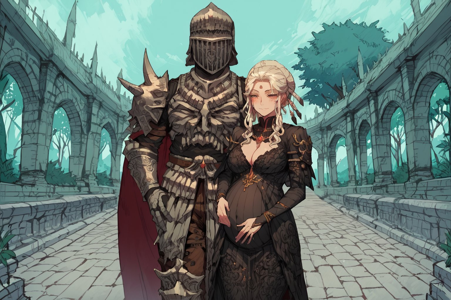 score_9, score_8, score_7, score_7_up, score_8_up, 1boy\(human, giant male, tall male, wearing full madness Armor and helmet, armored\) walking hand in hand witg 1girl\(Salem_RWBY, pregnant belly, big breasts, slim body, wearing dress, jewellery, gold, hugging, pouty lips, seductive, smug smile, blushing\), forest, castle, outdoor, romance, fantasy, 2d, anime, hetero