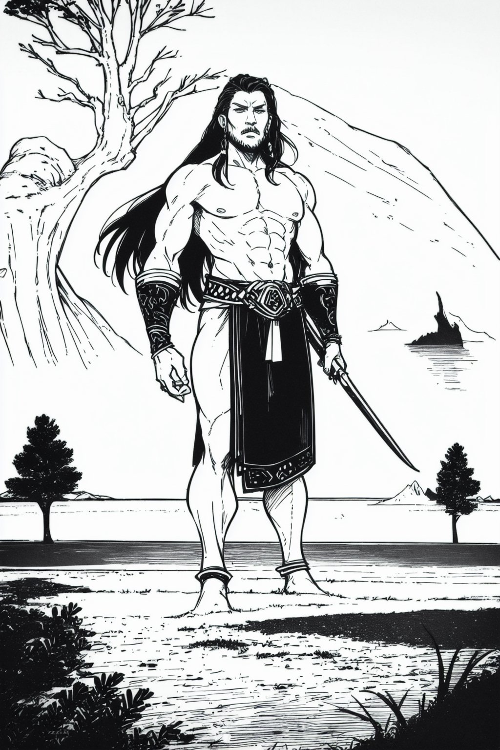 1boy\(male, handsome, young 15 year old, long black hair, viking warrior, tall, musclar, armor, strong jaw, sharp cheekbones, thin lips, shirtless, full body\), standing, background(day, outdoor, sky, ocean, trees) (masterpiece, highres, high quality:1.2), ambient occlusion, outstanding colors, low saturation,High detailed, Detailedface, Dreamscape, Kirk_sketch, Black and white,VikingAlpha