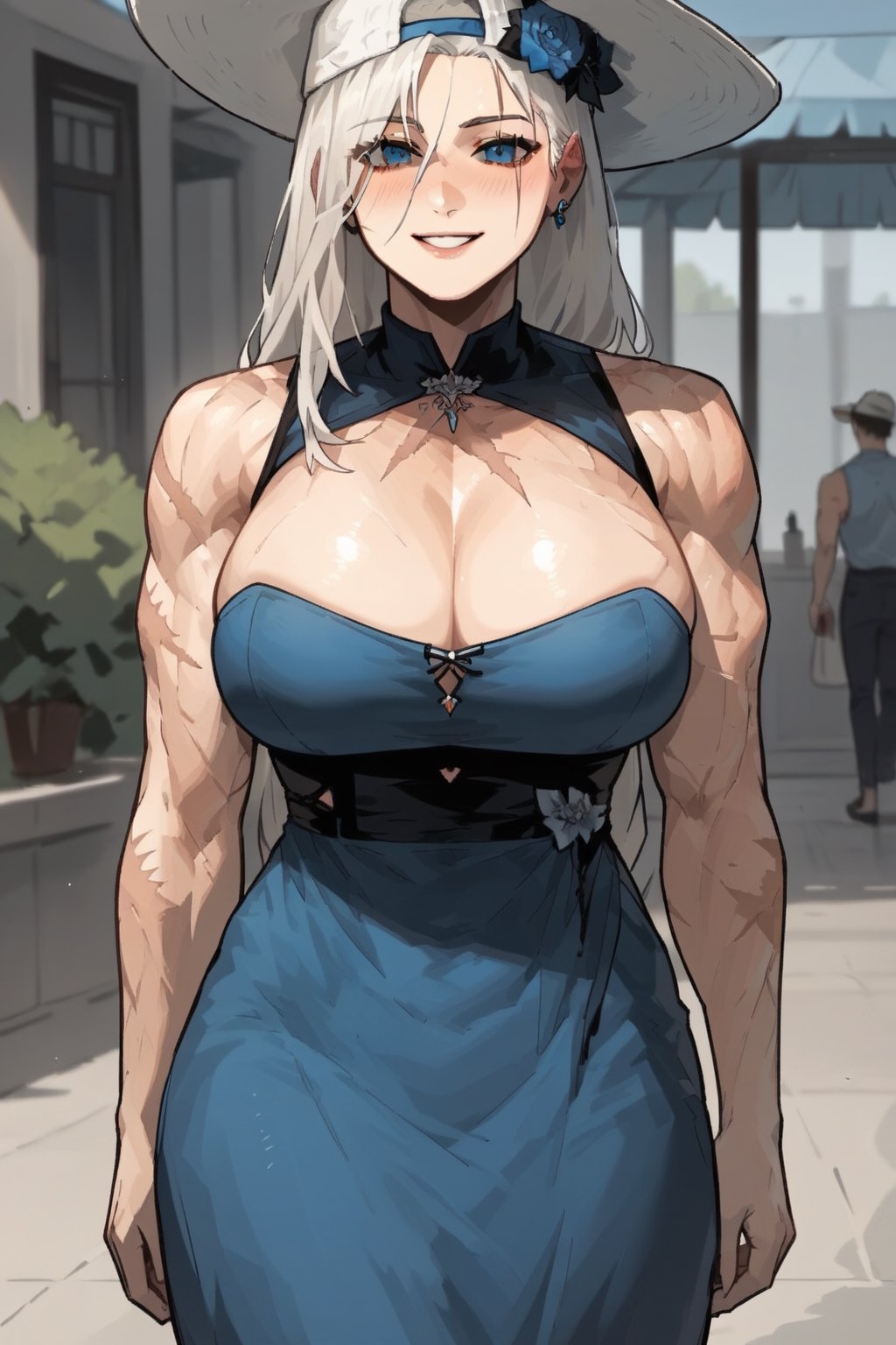 score_9, score_8, score_7, pov(male, human) walking hand in hand with wife(toned muscles, feminine, wearing summer blue dress and hat, big breasts, long hair, white hair, blue eyes, scars, shy, blushing, smile), staring at you, lakeside