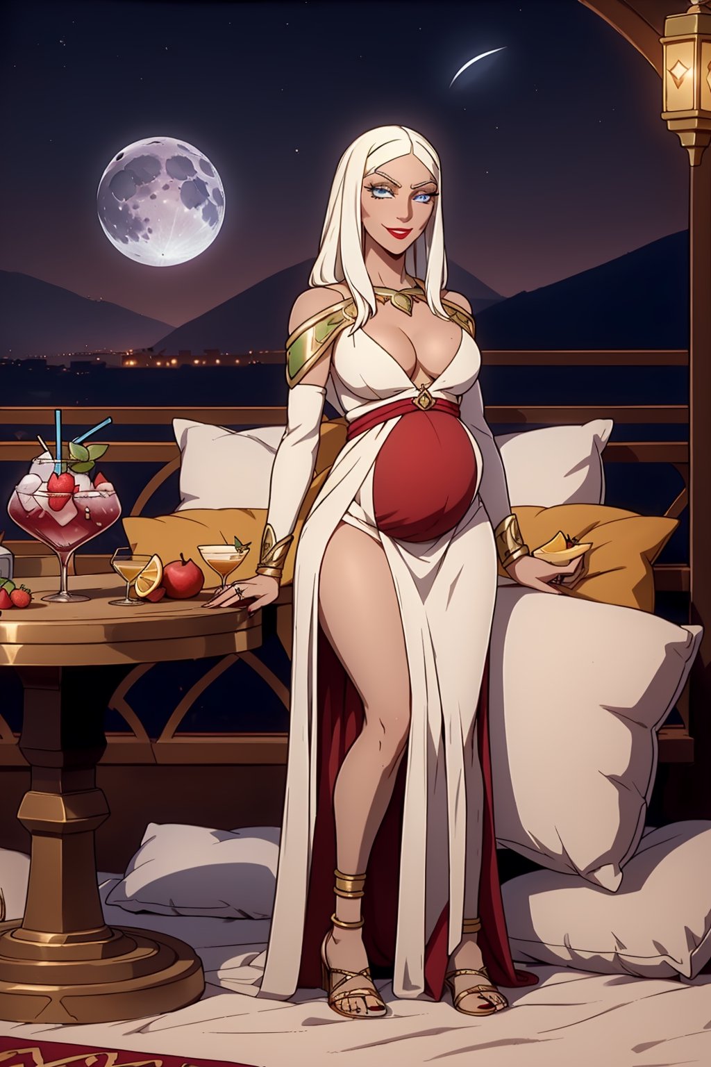 woman(slim body, vampire, white hair, blue eye color, jewelery, bridal gauntlets, rings, amulets, eyelashes, medium cleavage, wearing full harem dress, pregnant, sandal, feminine, beautiful, mistress) The scene should convey a seductive and arrogant smug expression on her face, with an air of arrogance as she maintains eye contact with the viewer, (full body), sitting, background(luxurious arabian balcony, pillows, sky, night, moon, table(fruits and drinks), pots with flowers),(masterpiece, highres, high quality:1.2), ambient occlusion, low saturation, High detailed, Detailedface