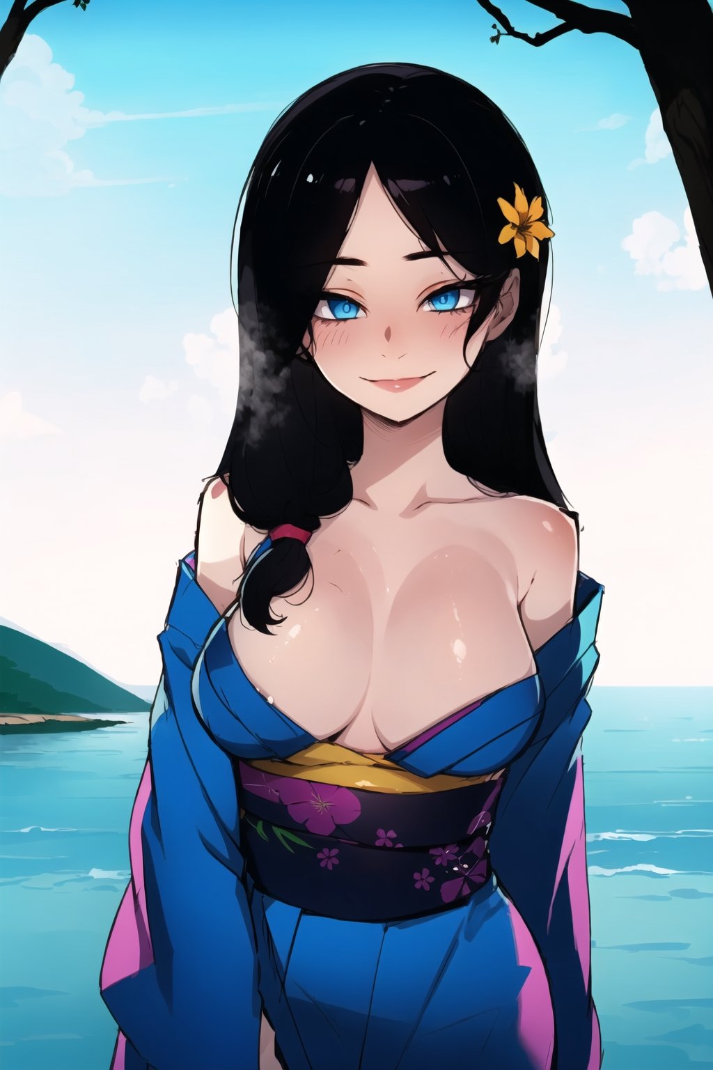 1girl(skinny body, young, 20 years old, long black hair, blue eyes, wearing yukata, big breasts), staring at you seductively with a smile on her face, upper body, background(day, outdoor, sky, sun, ocean, flowers, trees) (masterpiece, highres, high quality:1.2), ambient occlusion, outstanding colors, low saturation,High detailed, Detailedface, Dreamscape,ratatatat74 style